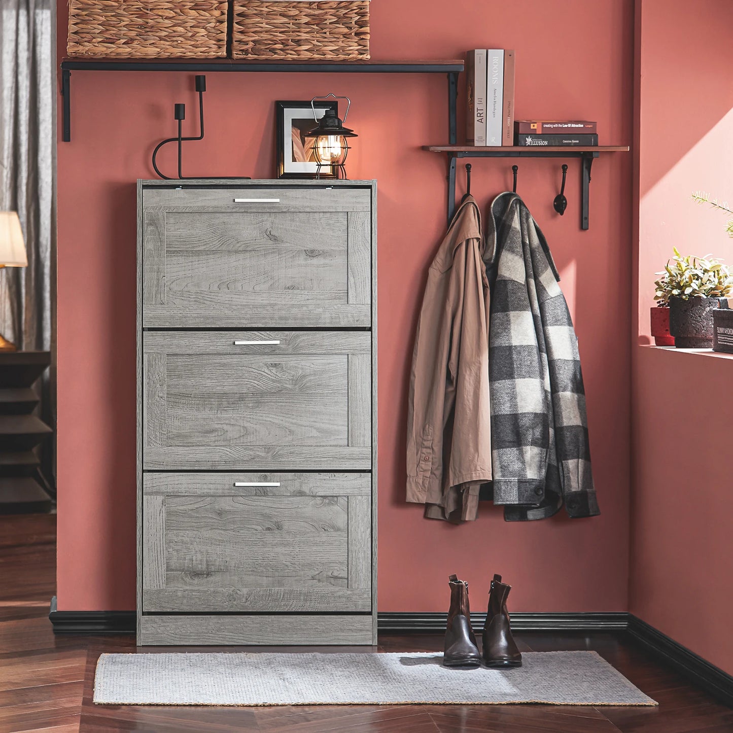 Étagère chaussures bois laqué 60x115x23cm - Gris Étagère chaussures