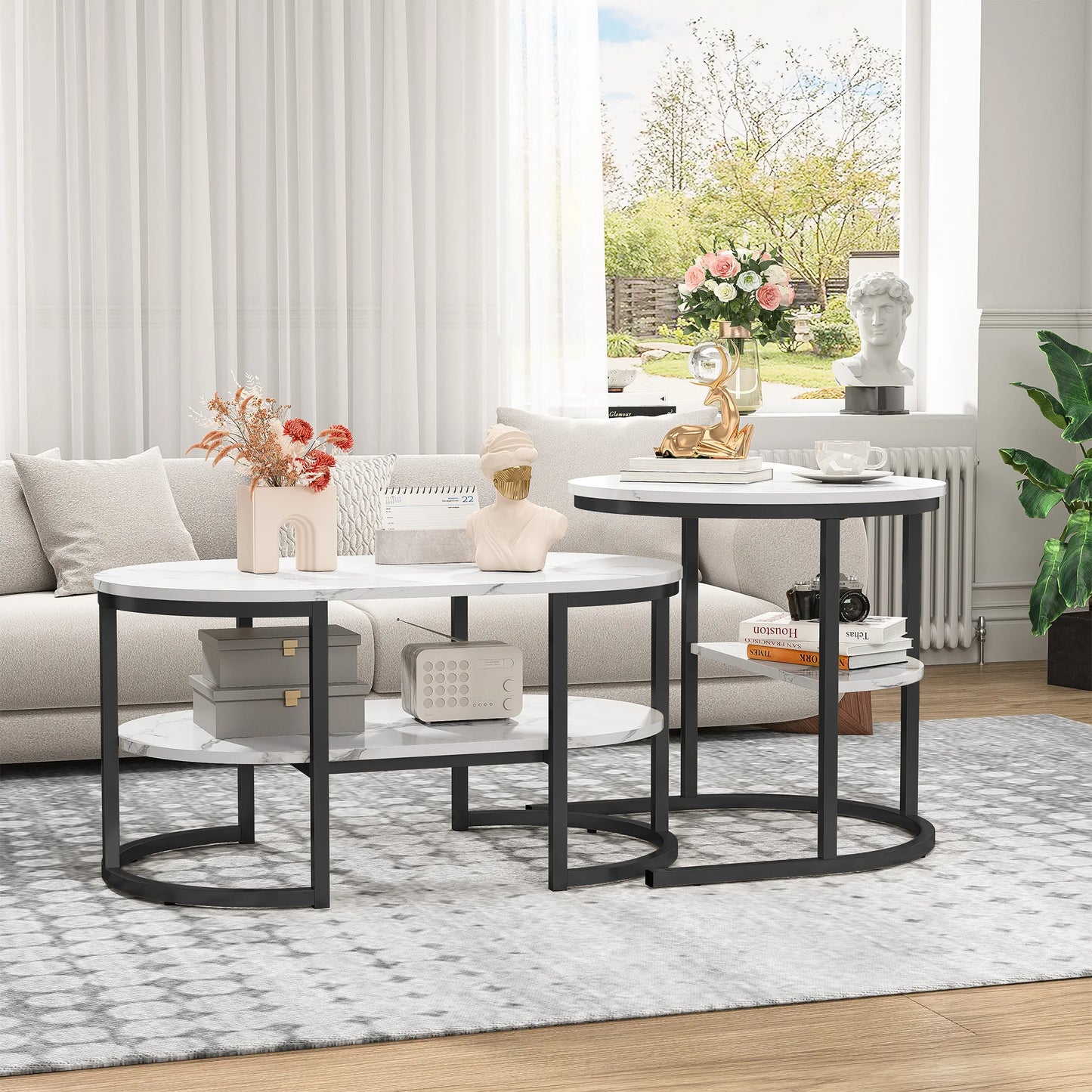 Table basse métal ronde avec effet marbre - Noir Table basse