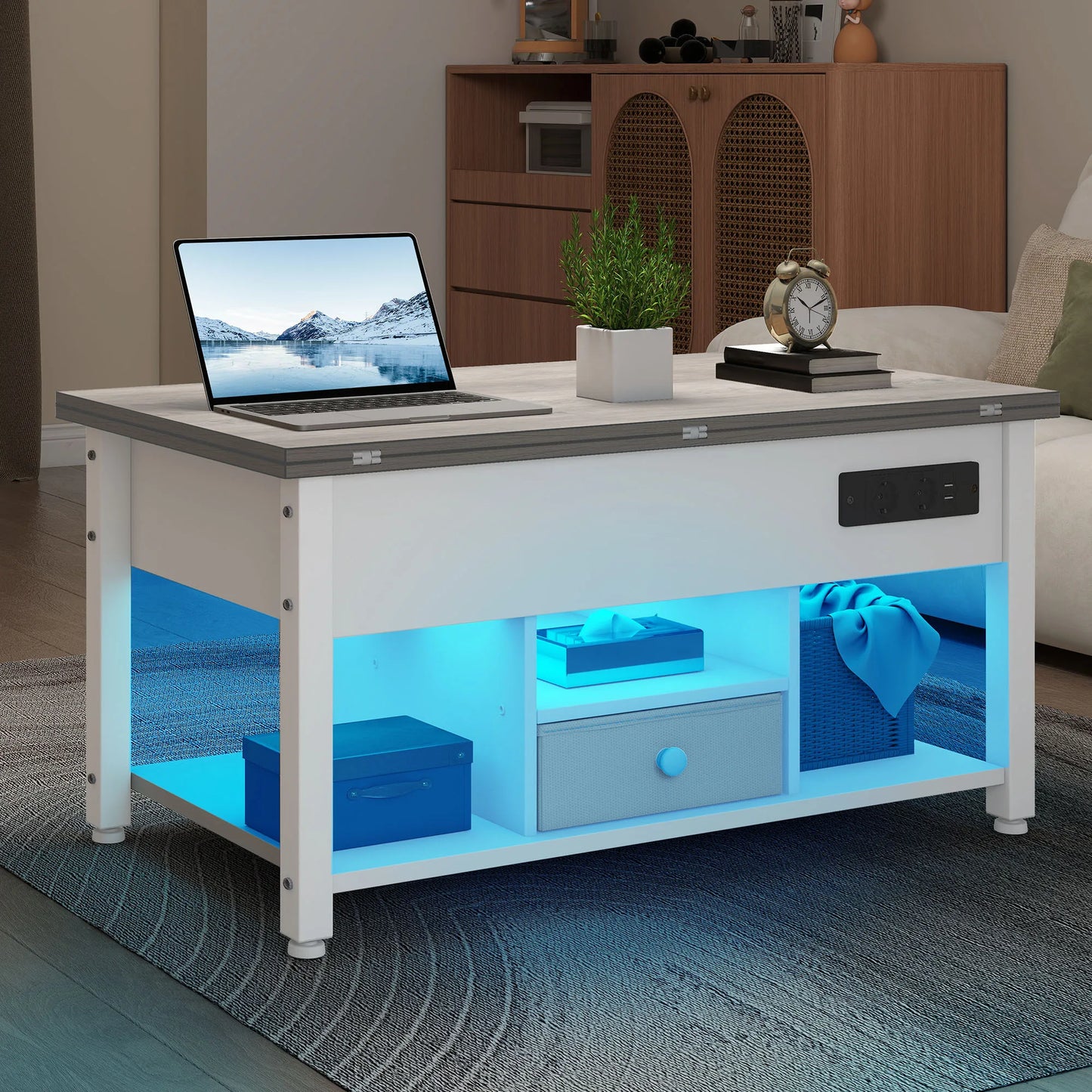 Table basse grise et blanche 4 en 1 transformable -