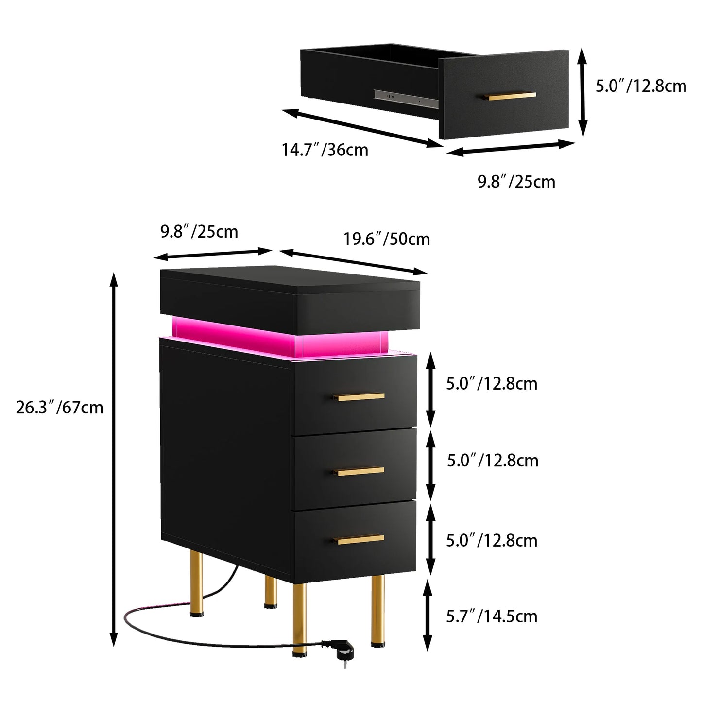 Table de nuit connecté avec station de charge et 3 tiroirs - Noir Table de nuit