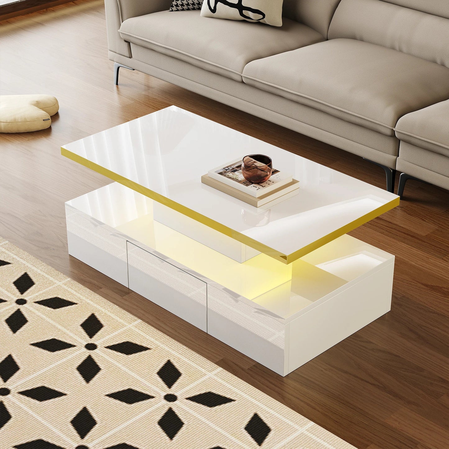 Table basse rectangulaire moderne et brillante avec éclairage LED - 14:200844061White - Particle Board;200007763:201336342