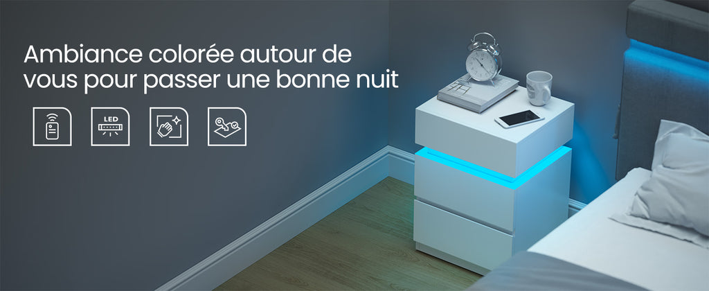 Table de chevet pas chère à LED et 3 tiroirs 2 pcs -