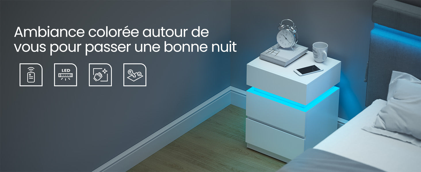 Table de chevet pas chère à LED et 3 tiroirs 2 pcs -
