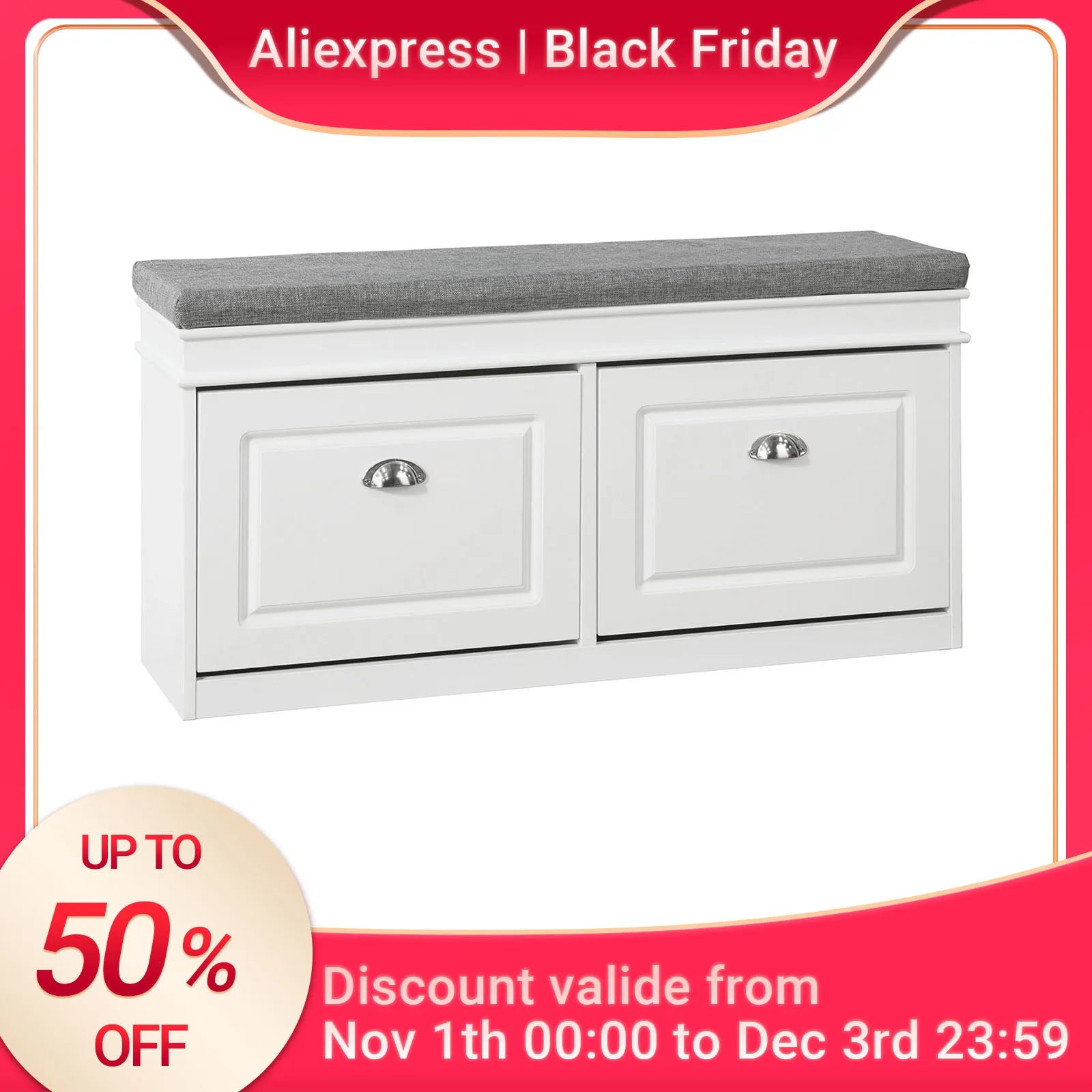 Meuble à chaussure basse moderne avec coussin et 2 rabats - 104x52x24cm - Blanc Meuble à chaussure