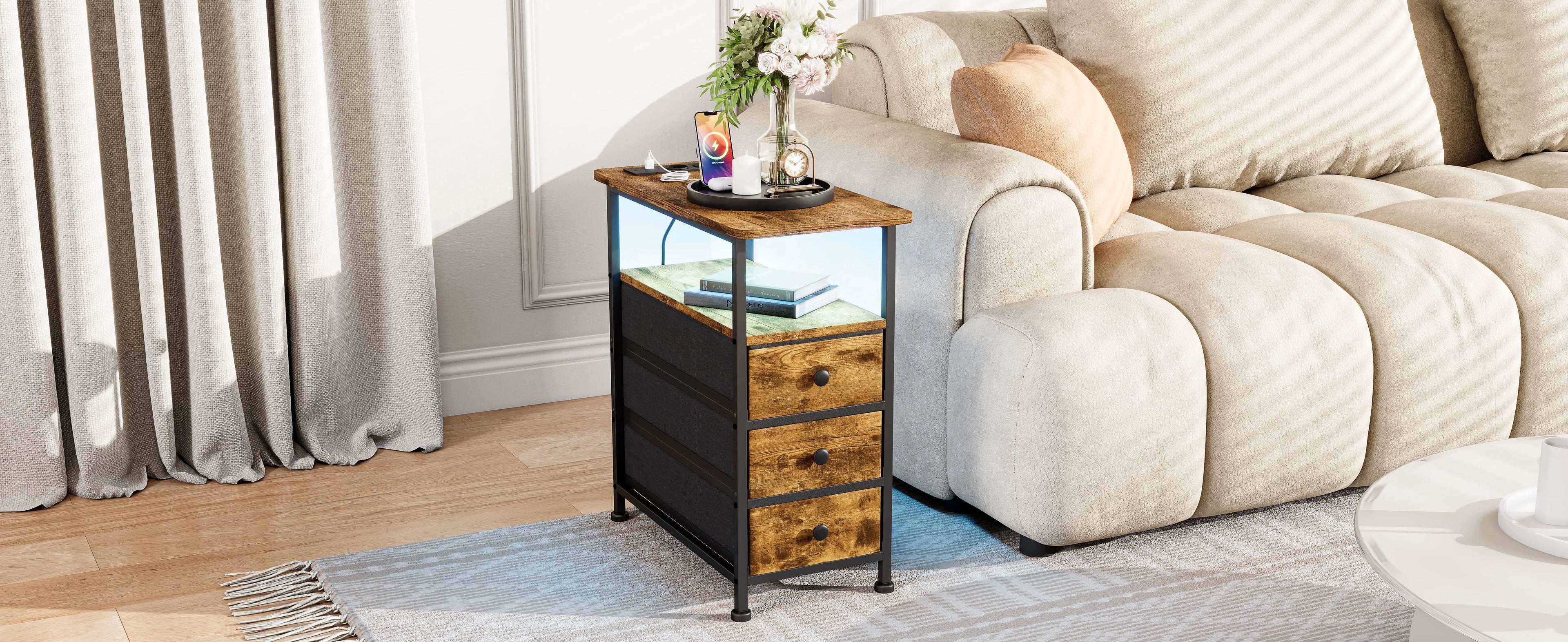 Table de chevet 3 tiroirs avec LED - MORENE -