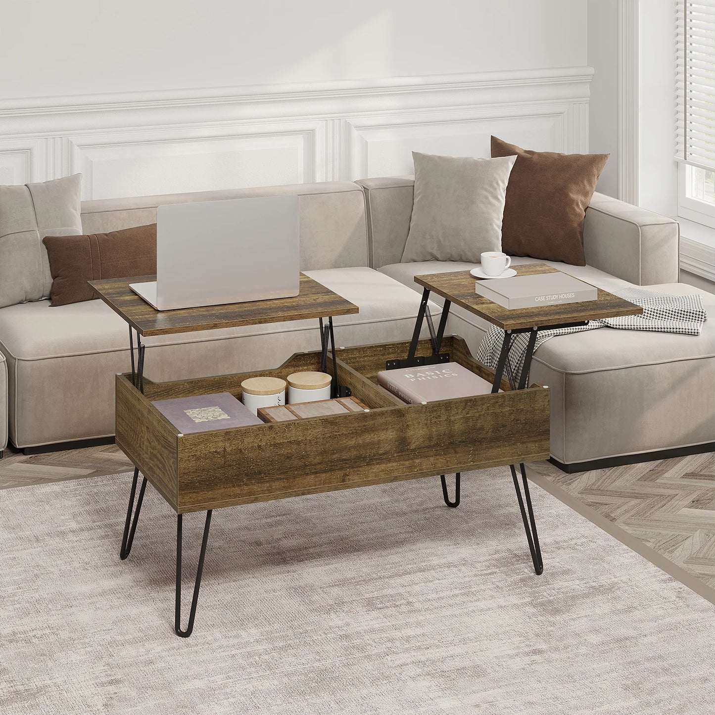 Table basse coulissante double plateau en bois -