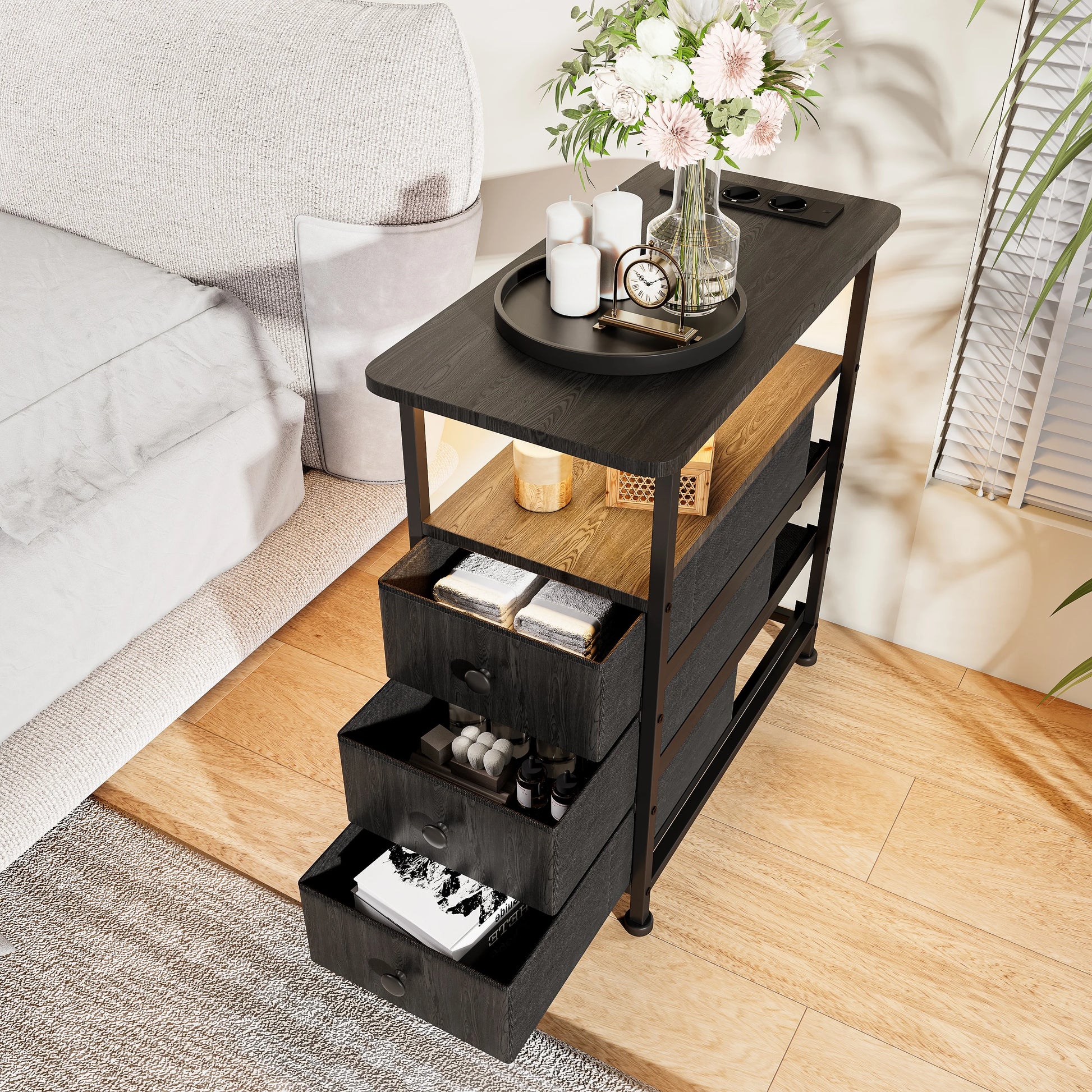 Table de chevet 3 tiroirs avec prise électrique LED - Noir Table de chevet