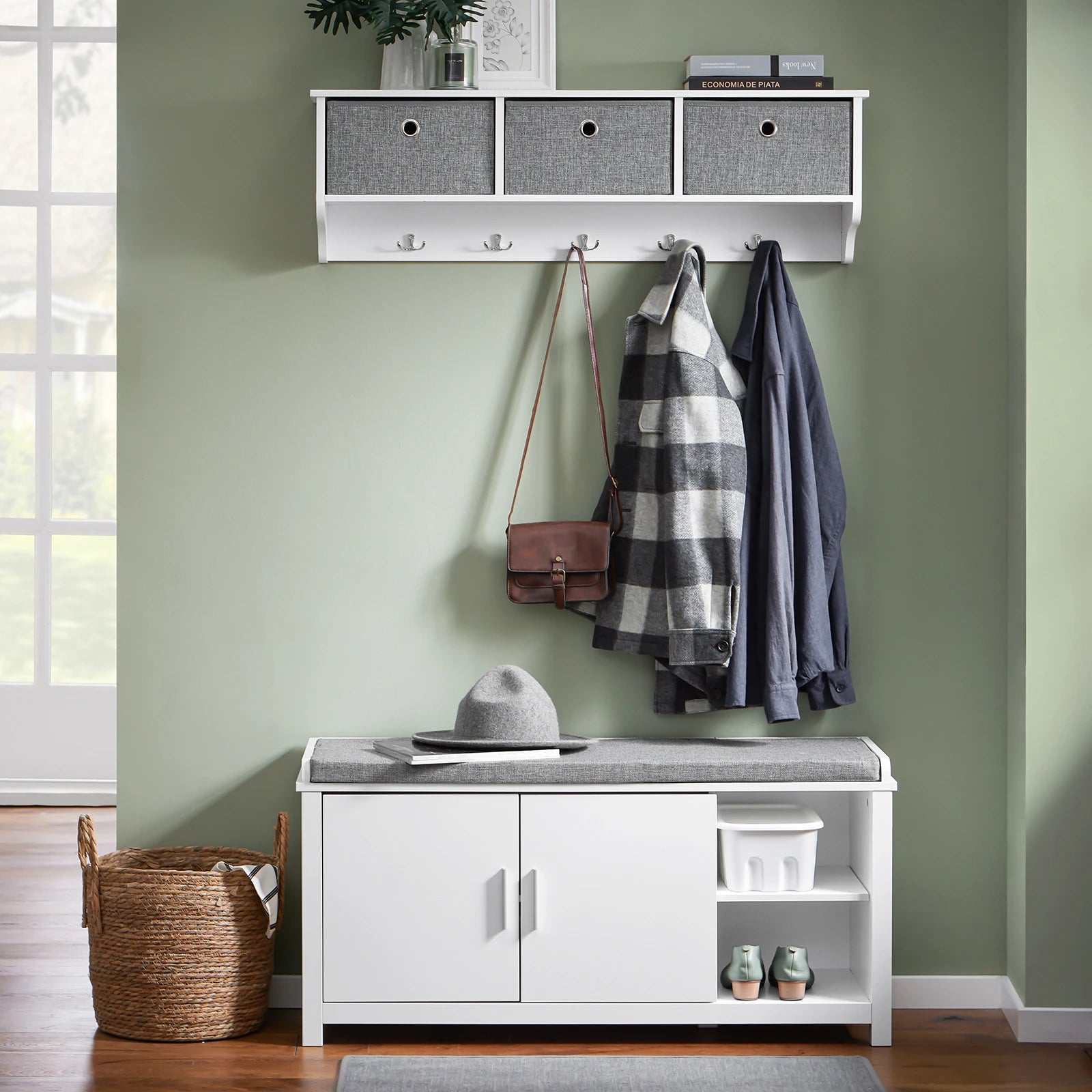 Meuble à chaussure avec banc et compartiments étroits - Blanc Meuble à chaussure