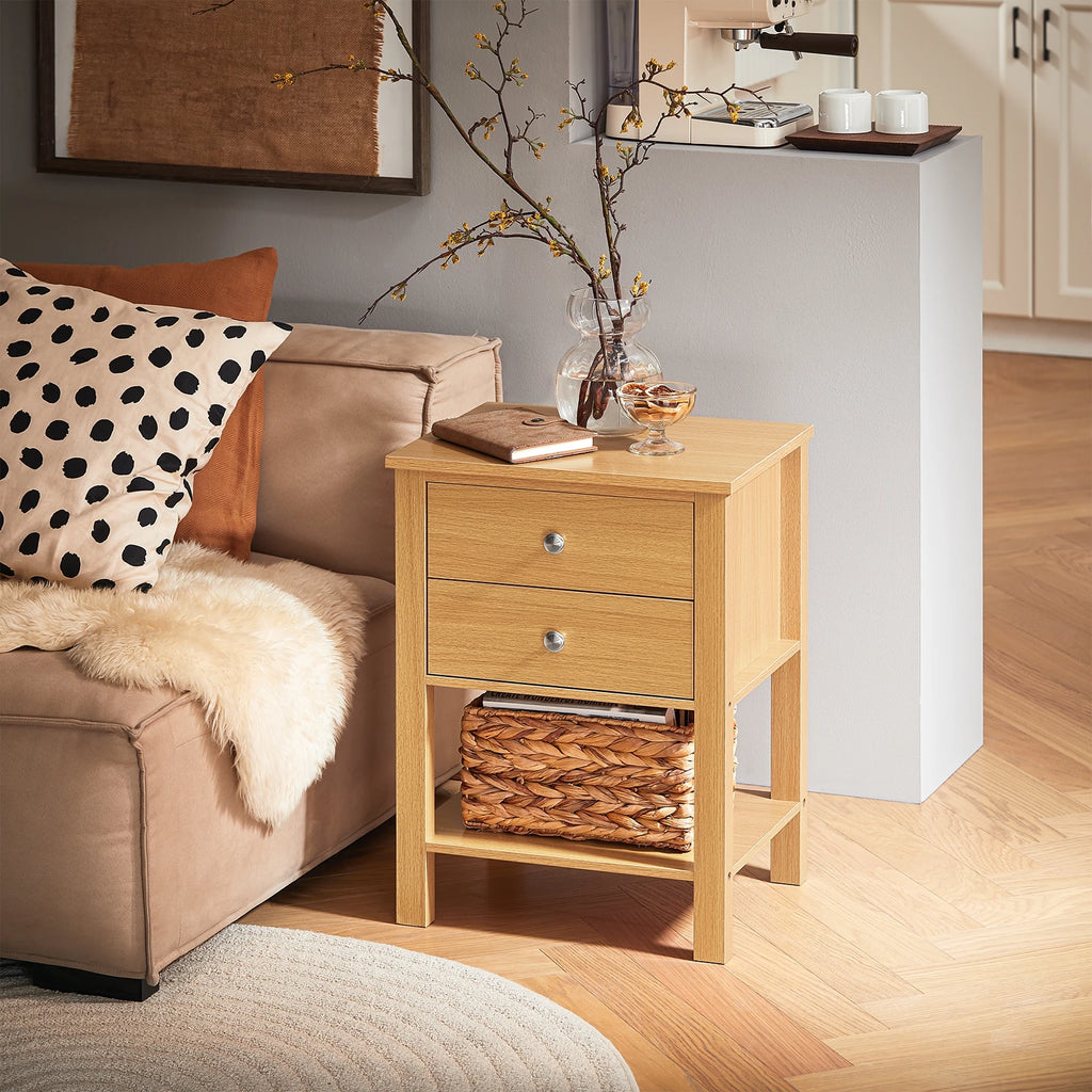 Table de nuit étagère en bois avec 2 tiroirs - 45 x 60 x 35cm - Naturel Table de nuit