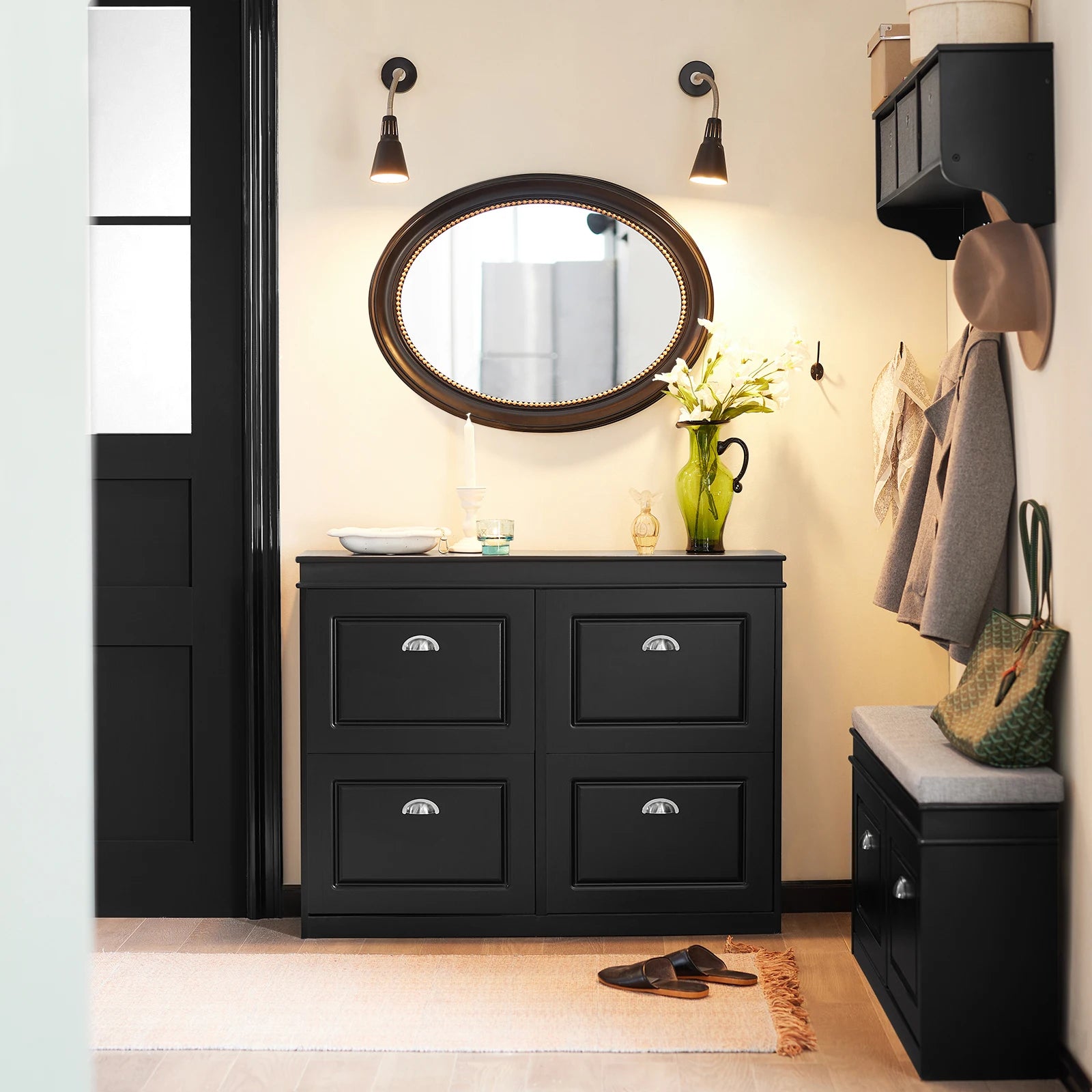 Meuble chaussure à 4 rabats blanc - Noir