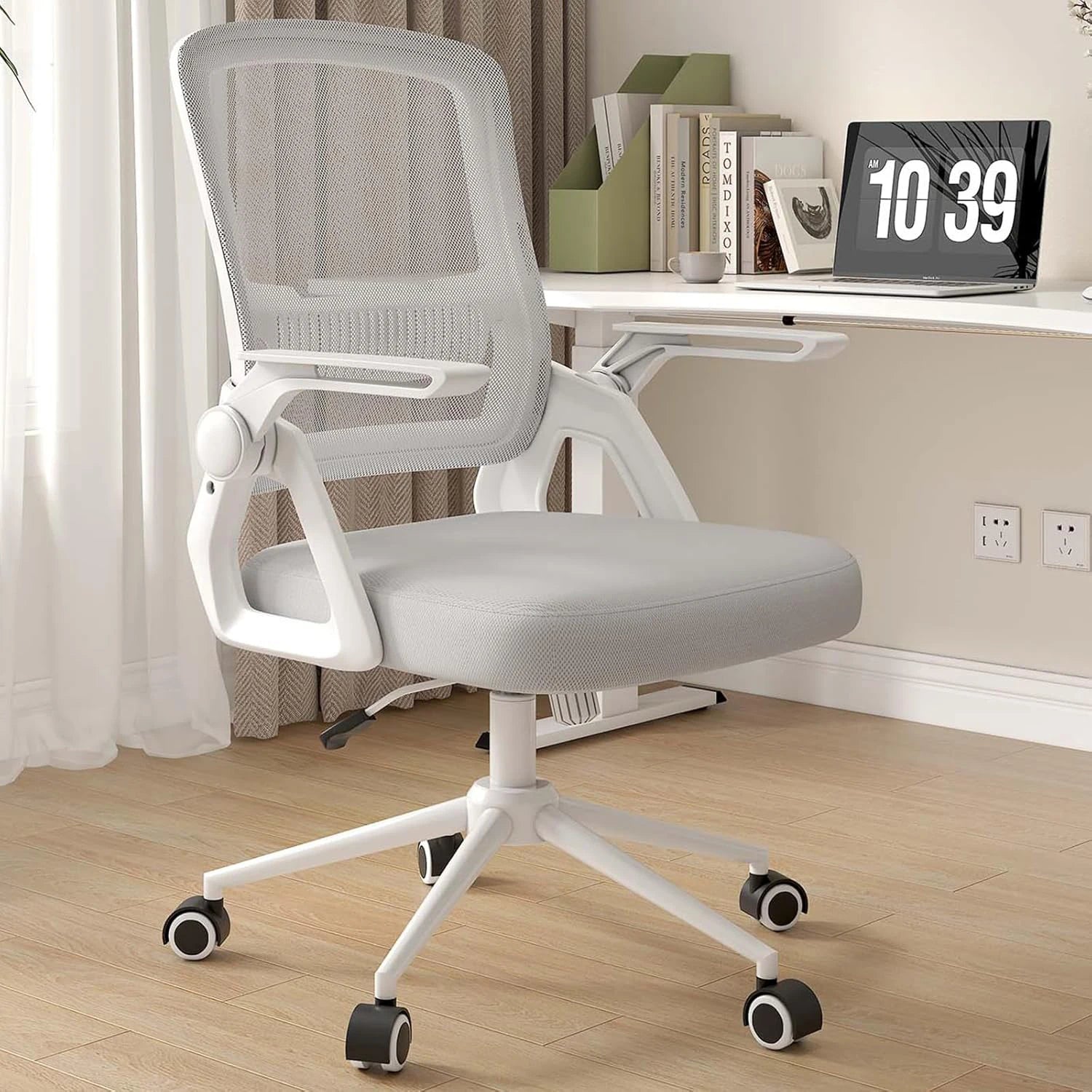 Chaise de bureau rose ergonomique avec accoudoirs relevables - Gris Chaise de bureau