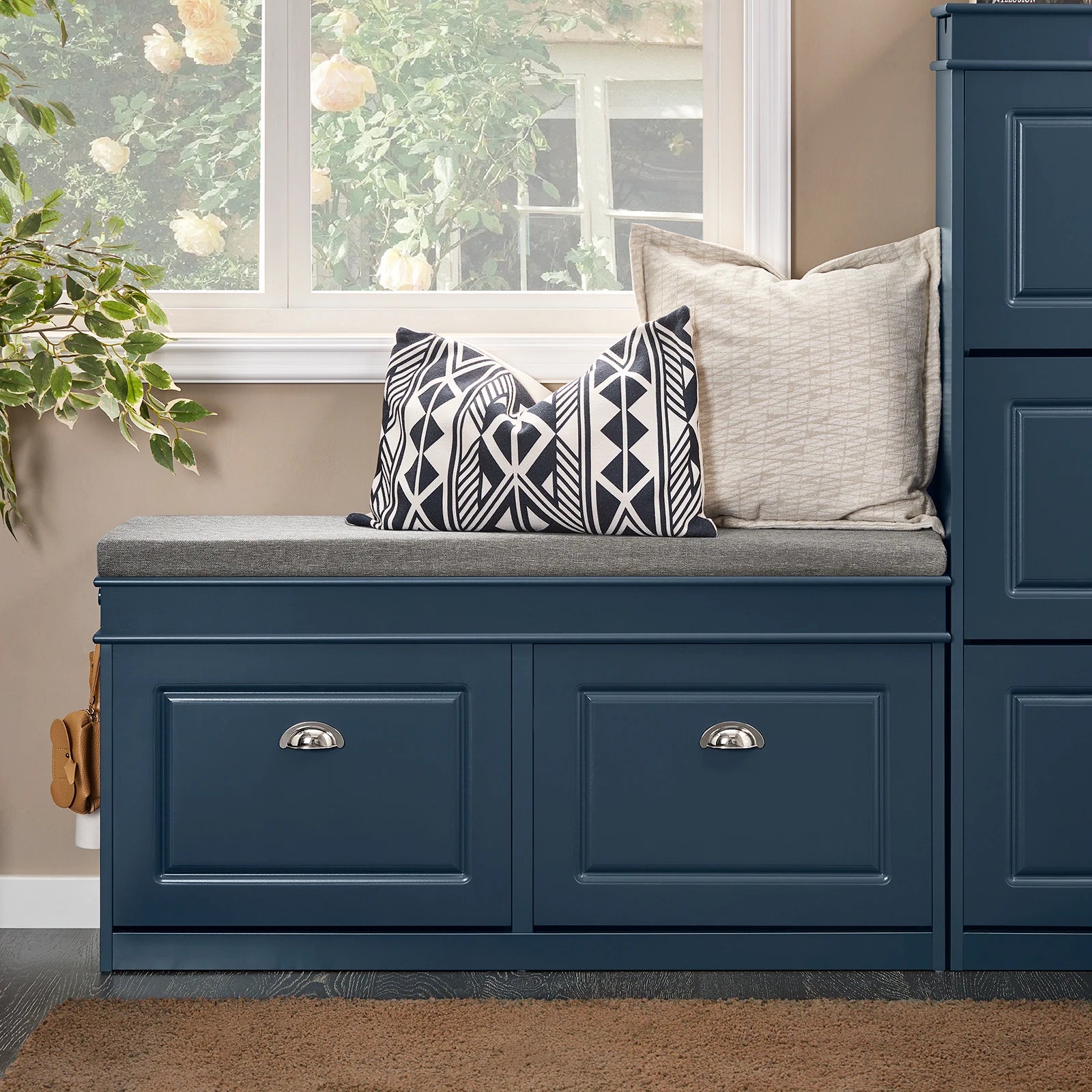 Meuble à chaussure basse moderne avec coussin et 2 rabats - 104x52x24cm - Bleu Meuble à chaussure