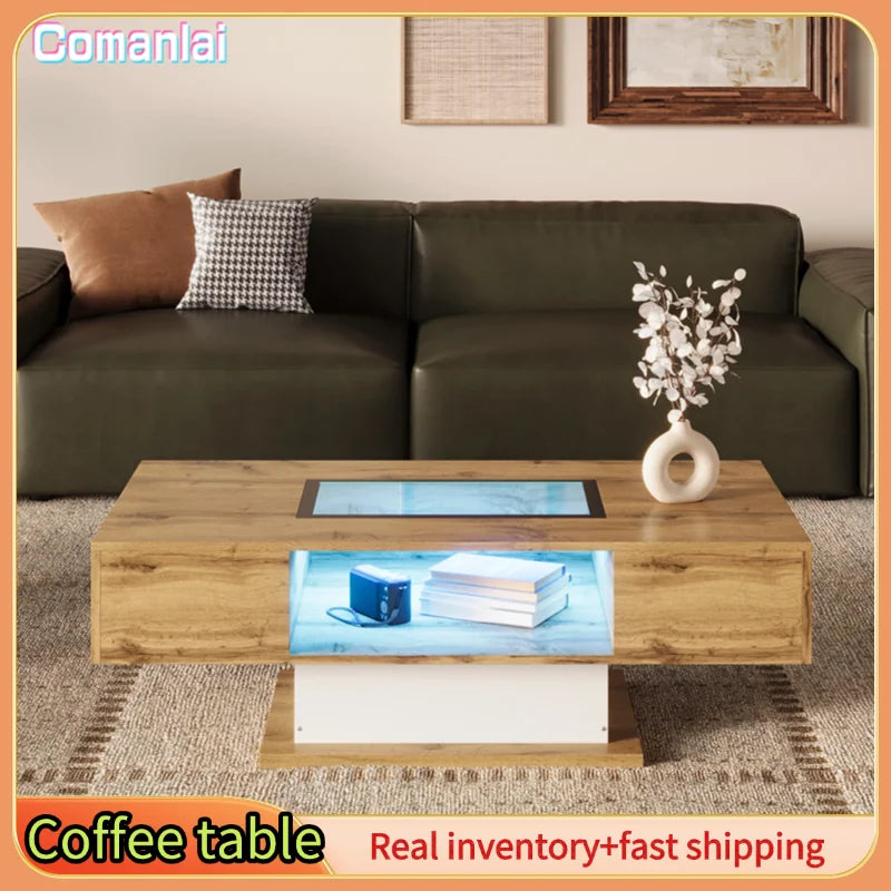 Table basse verre et bois avec LED - Table basse en bois