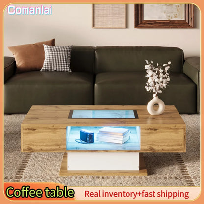 Table basse verre et bois avec LED - Table basse en bois