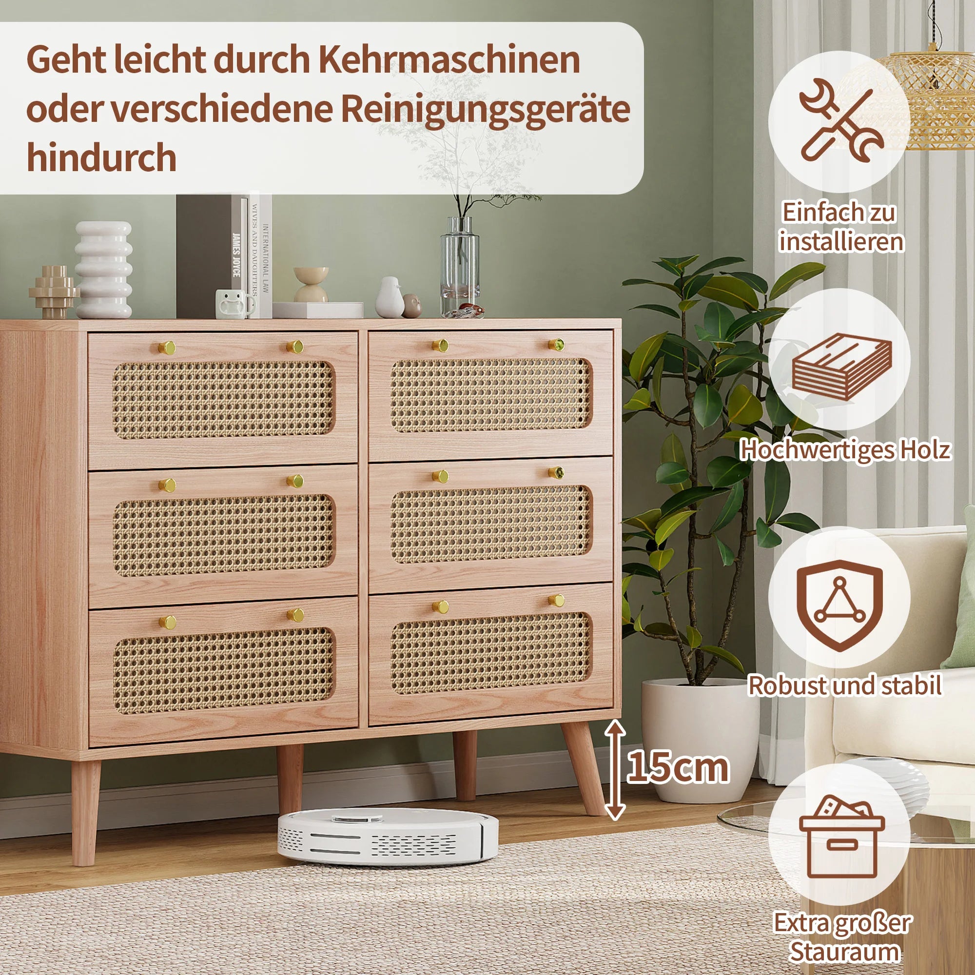 Petit meuble de rangement bois et tiroirs en rotin -