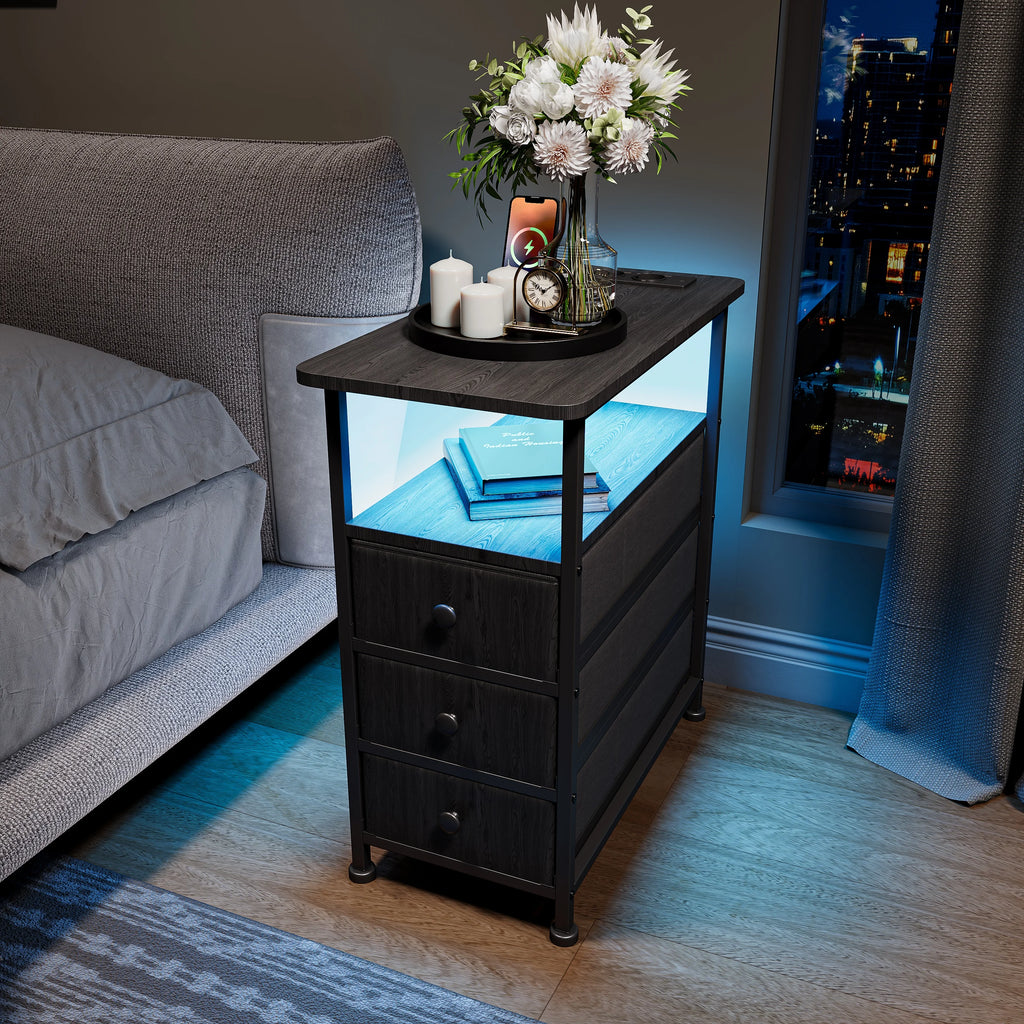 Table de chevet 3 tiroirs avec prise électrique LED -