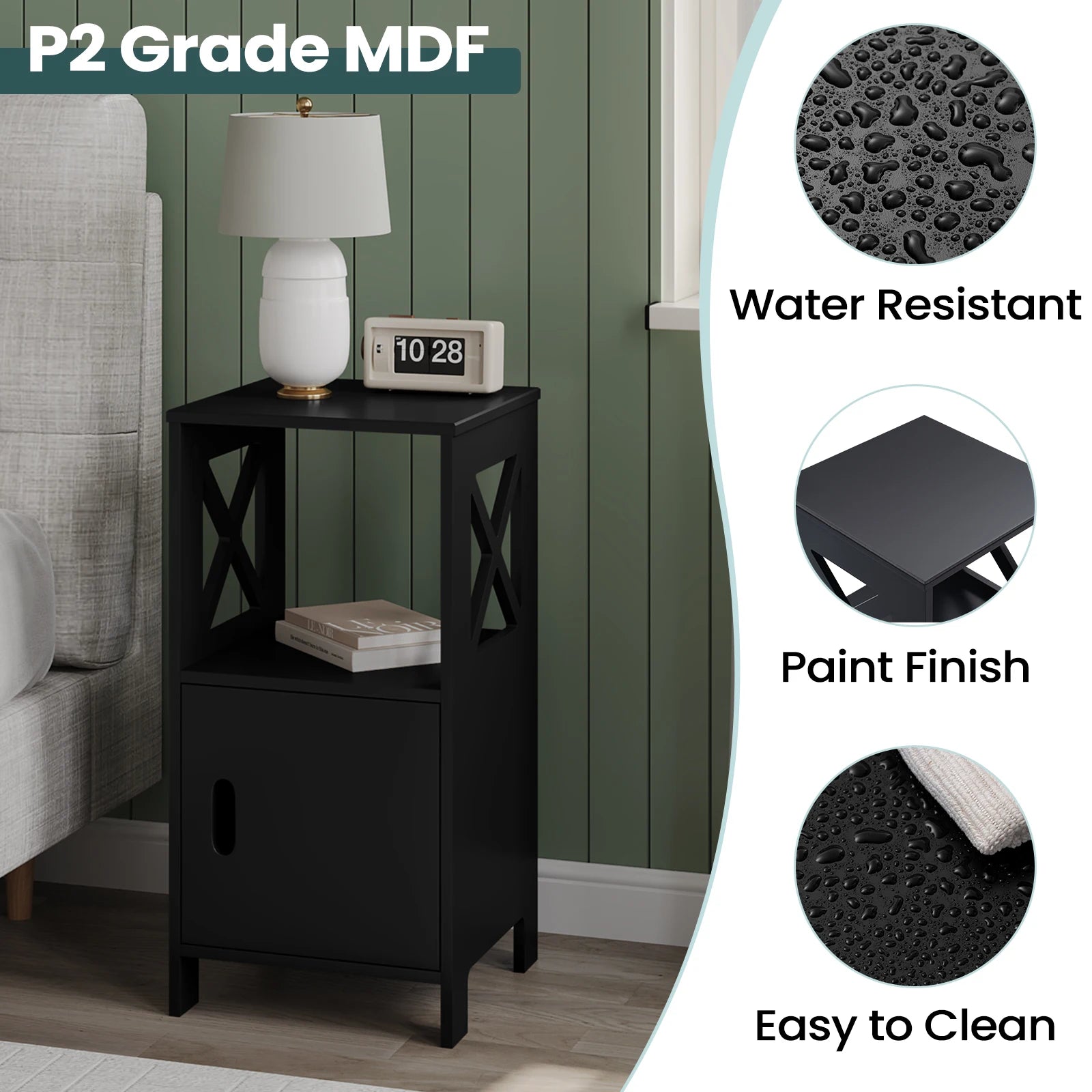 Table de nuit noir avec porte - lot de 2 ensembles -