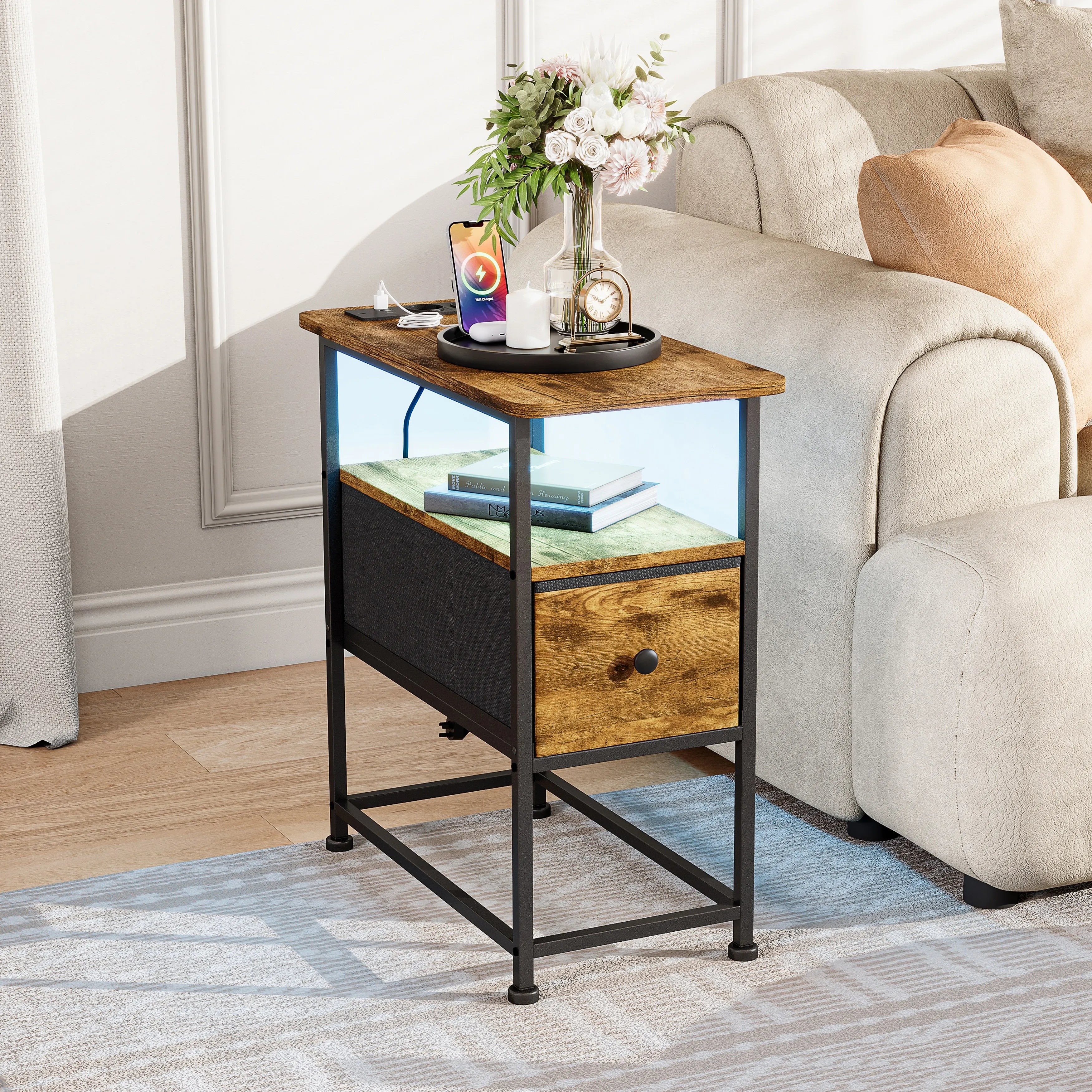 Table de chevet en métal Urban luxe avec LED - Marron Table de chevet