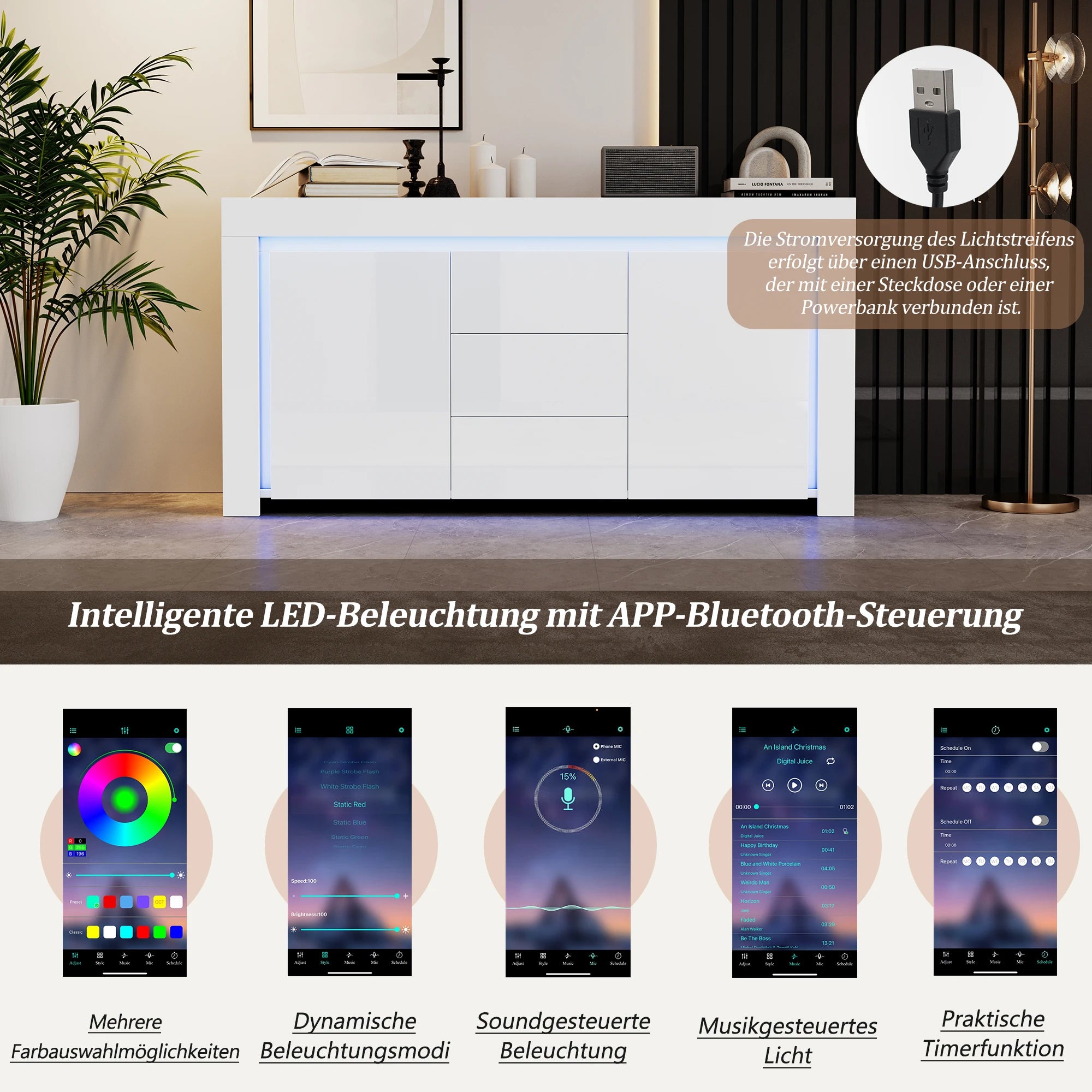 Meuble de rangement laquée brillante avec éclairage -