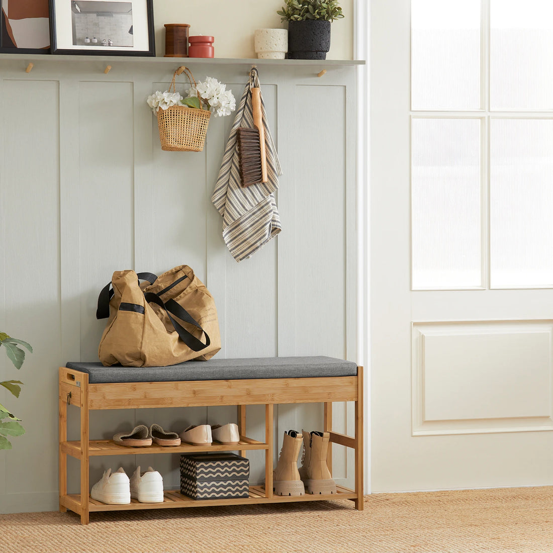 Meuble à chaussure avec assise en bois de bambou -