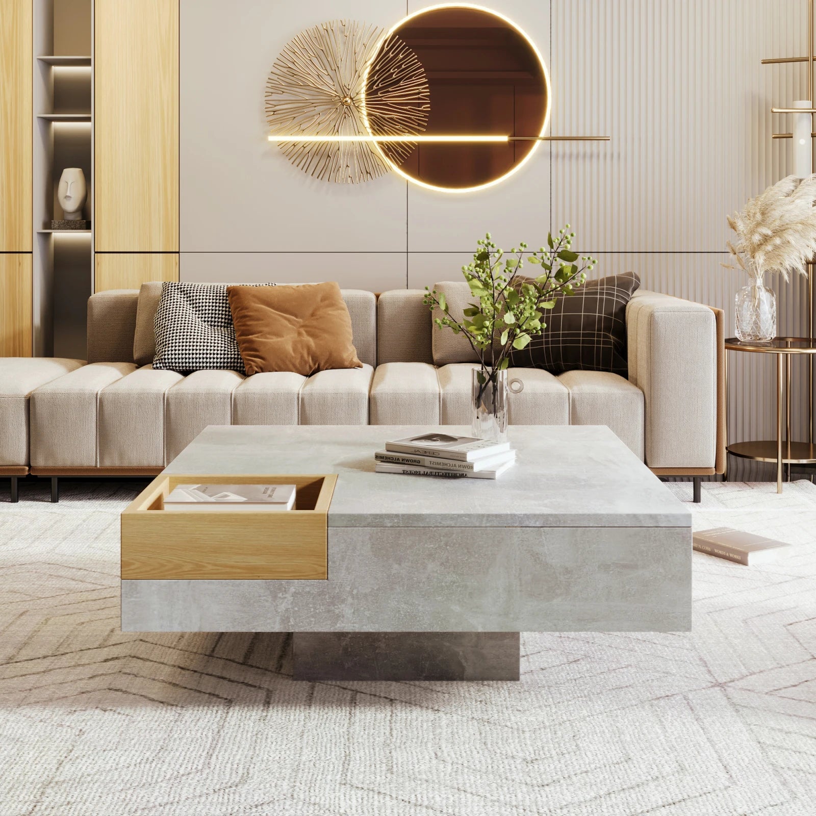 Table basse carrée avec rangement sur le coté 72x72x30cm -