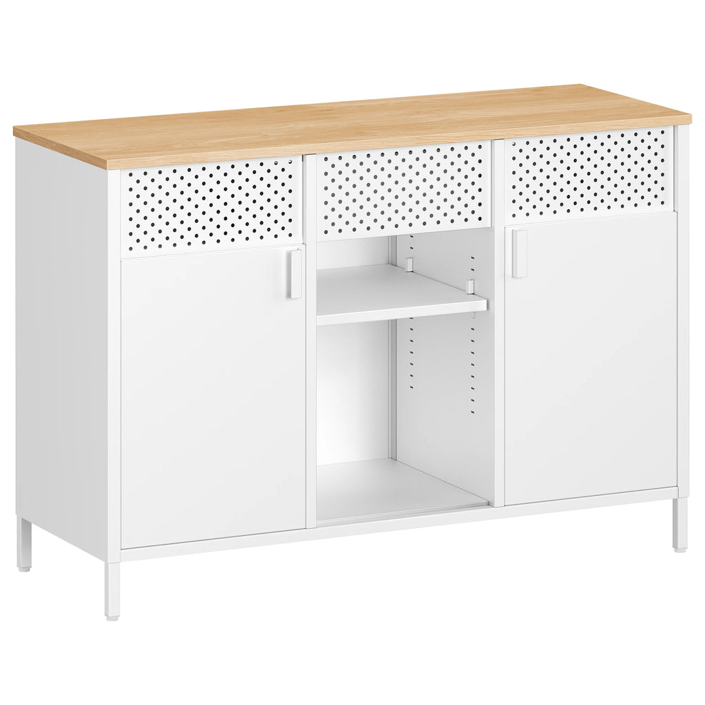 Meuble de rangement métallique à doubles portes - Blanc Mat et Beige Chêne Meuble de rangement