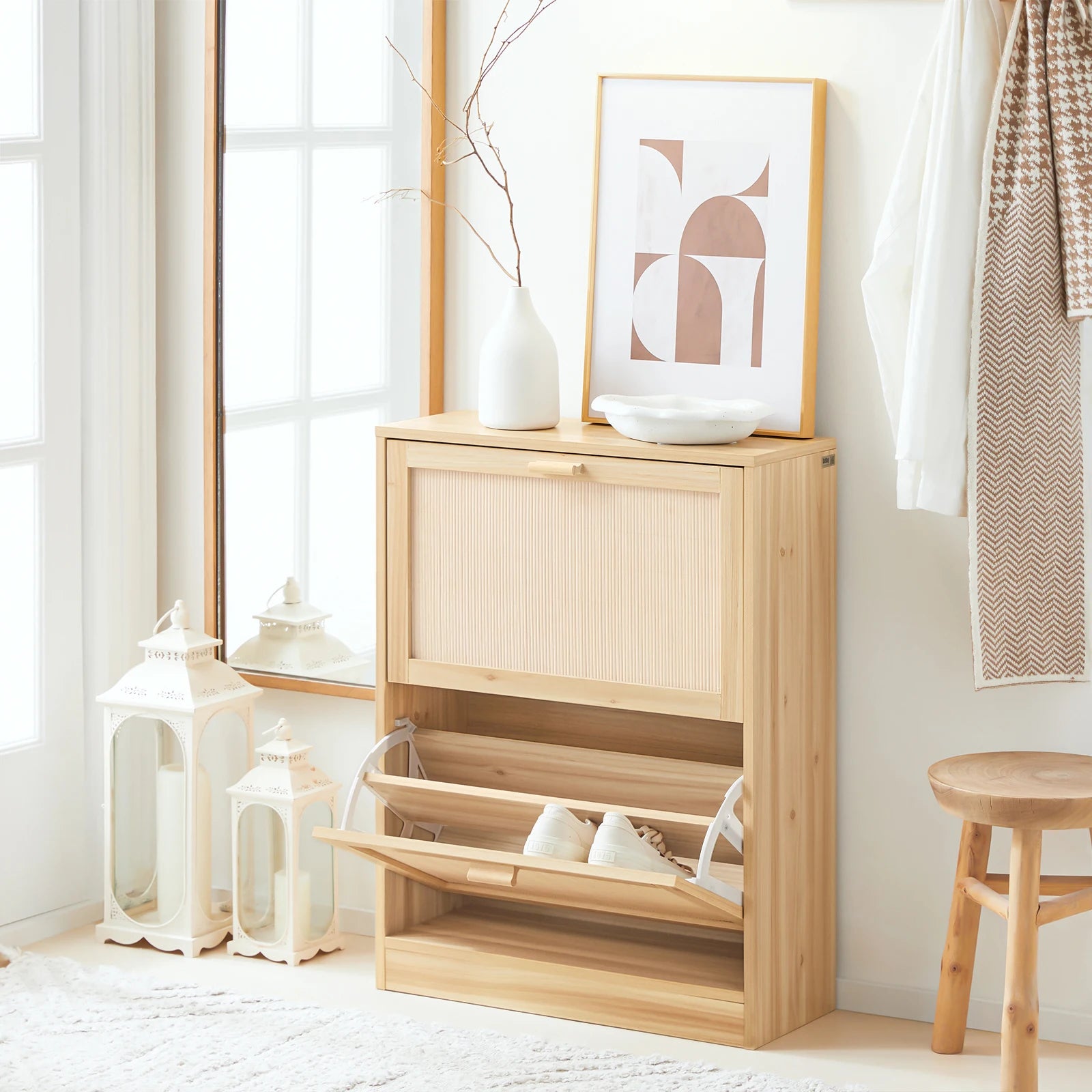 Meuble à chaussure 2 rabats étroits et 4 rangements -