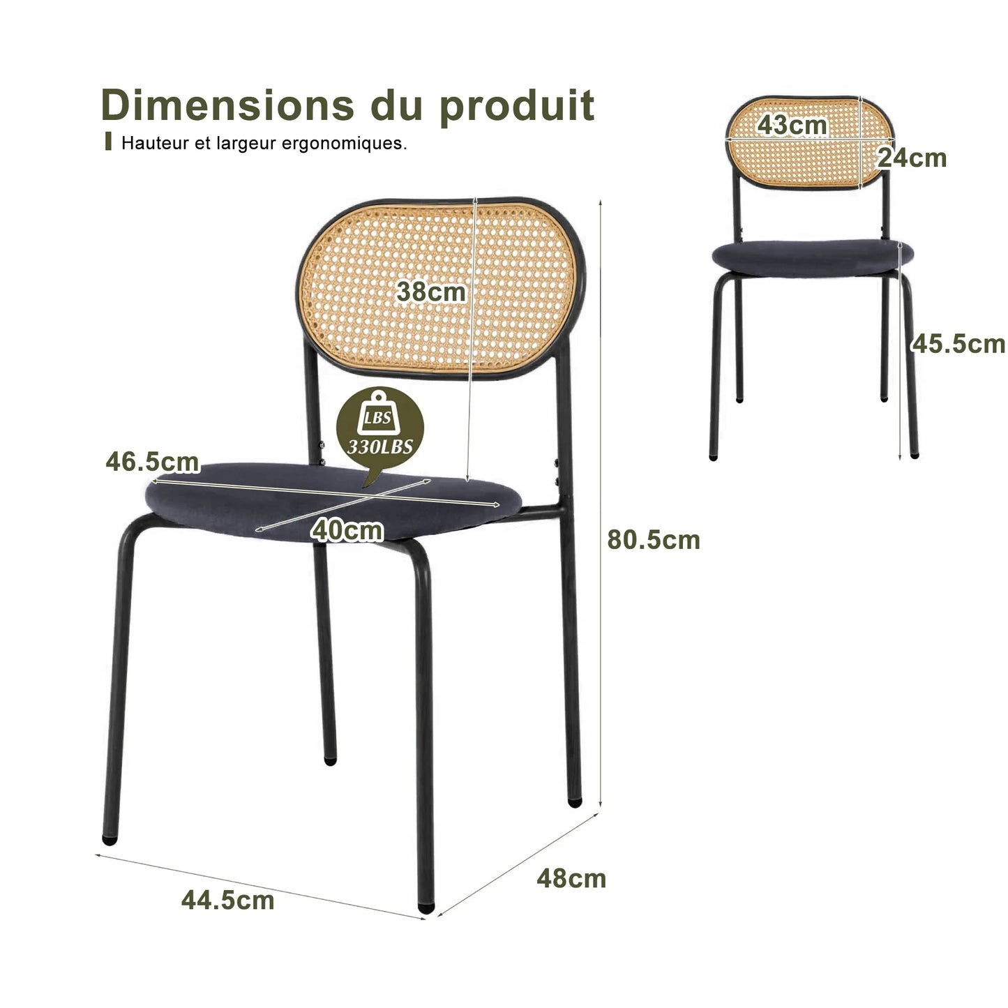 Chaise salle à manger rotin simple de 2 pièces -