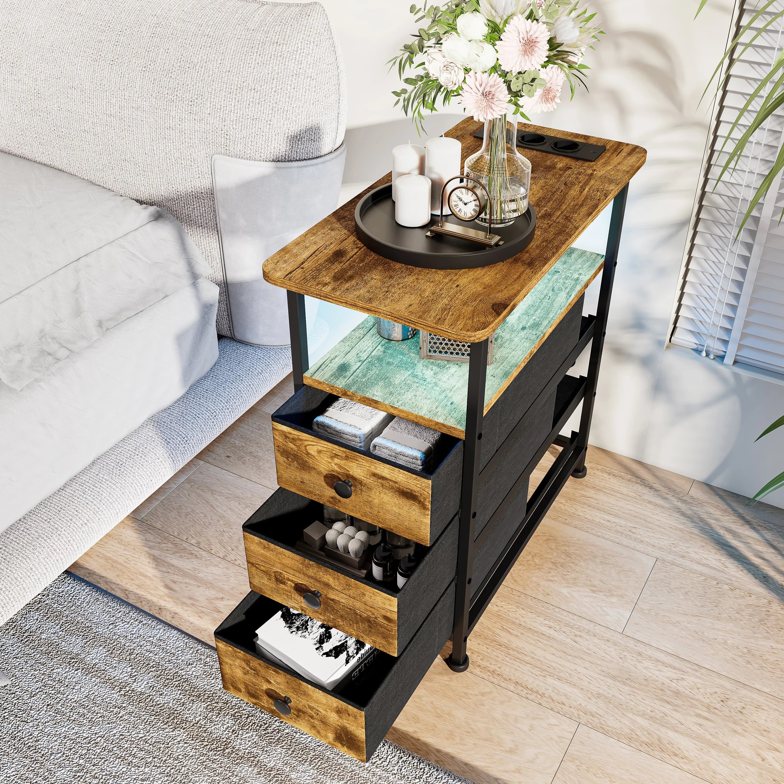 Table de chevet 3 tiroirs avec LED - MORENE -