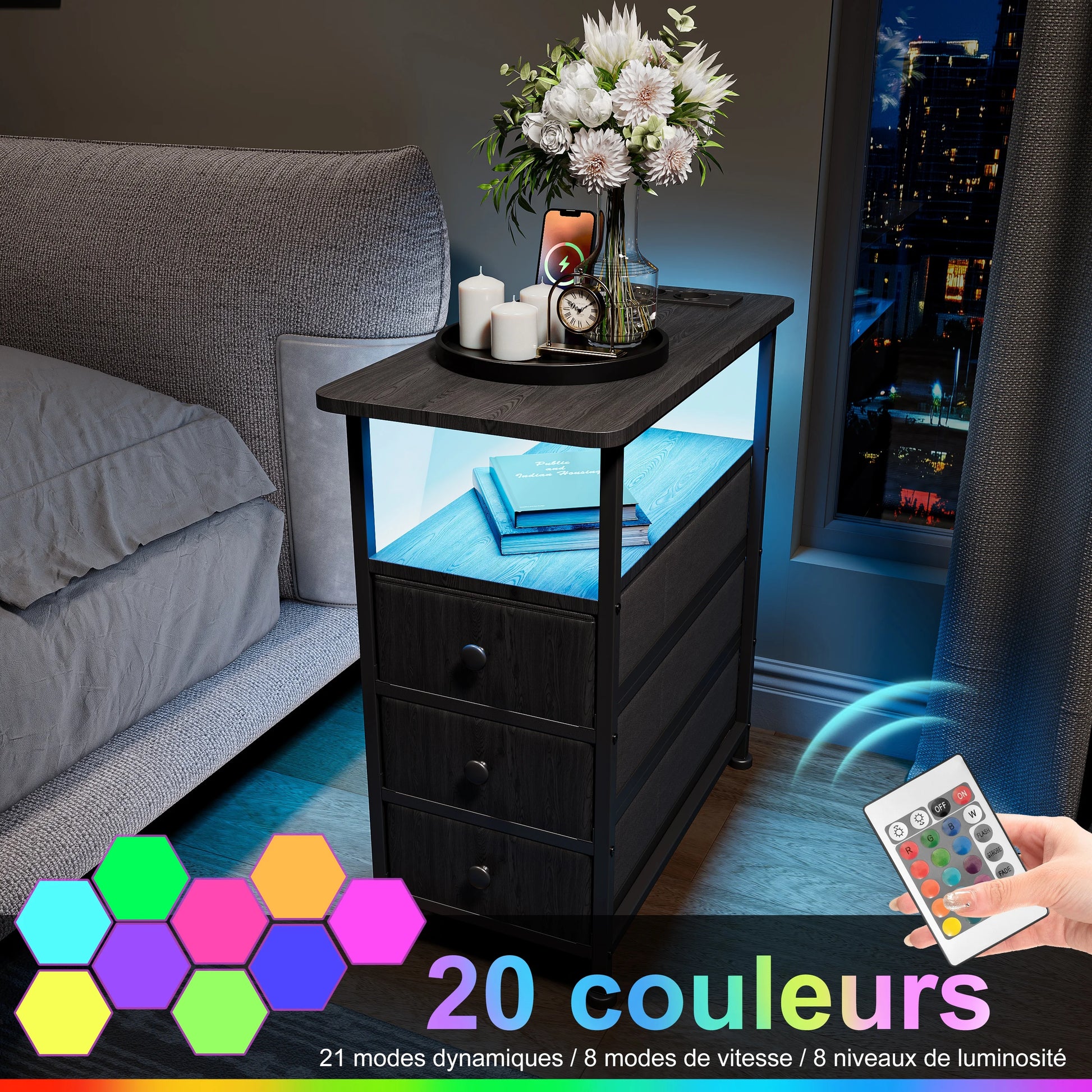 Table de chevet 3 tiroirs avec prise électrique LED -
