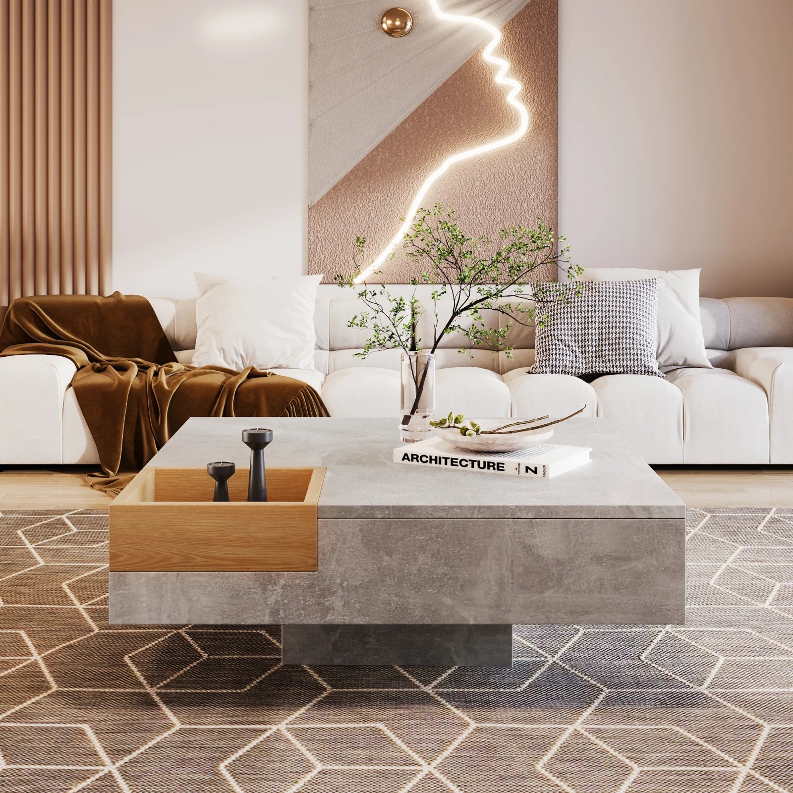 Table basse carrée avec rangement sur le coté 72x72x30cm -