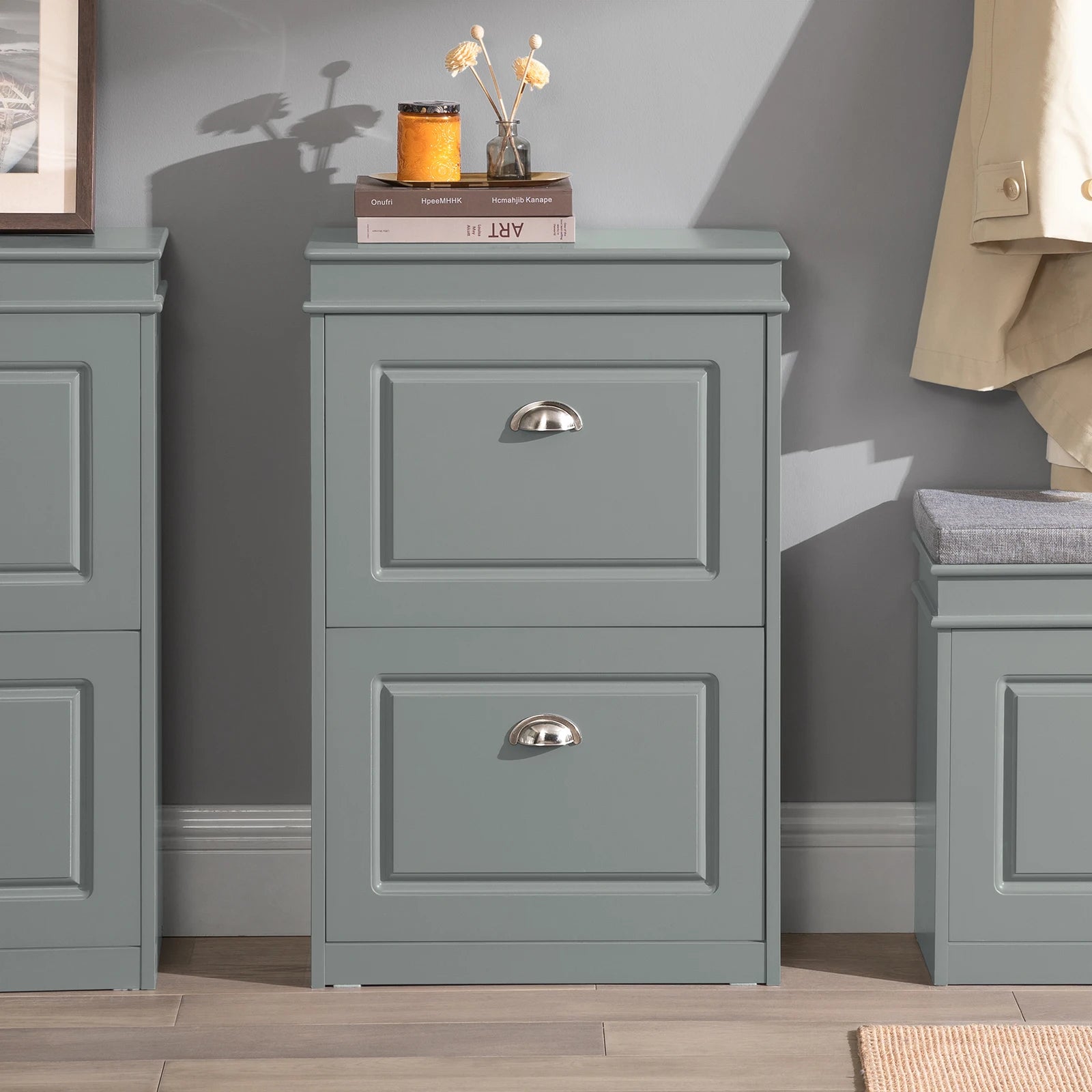 Meuble à chaussures 2 étages à rabats avec rangements - Gris Meuble à chaussure