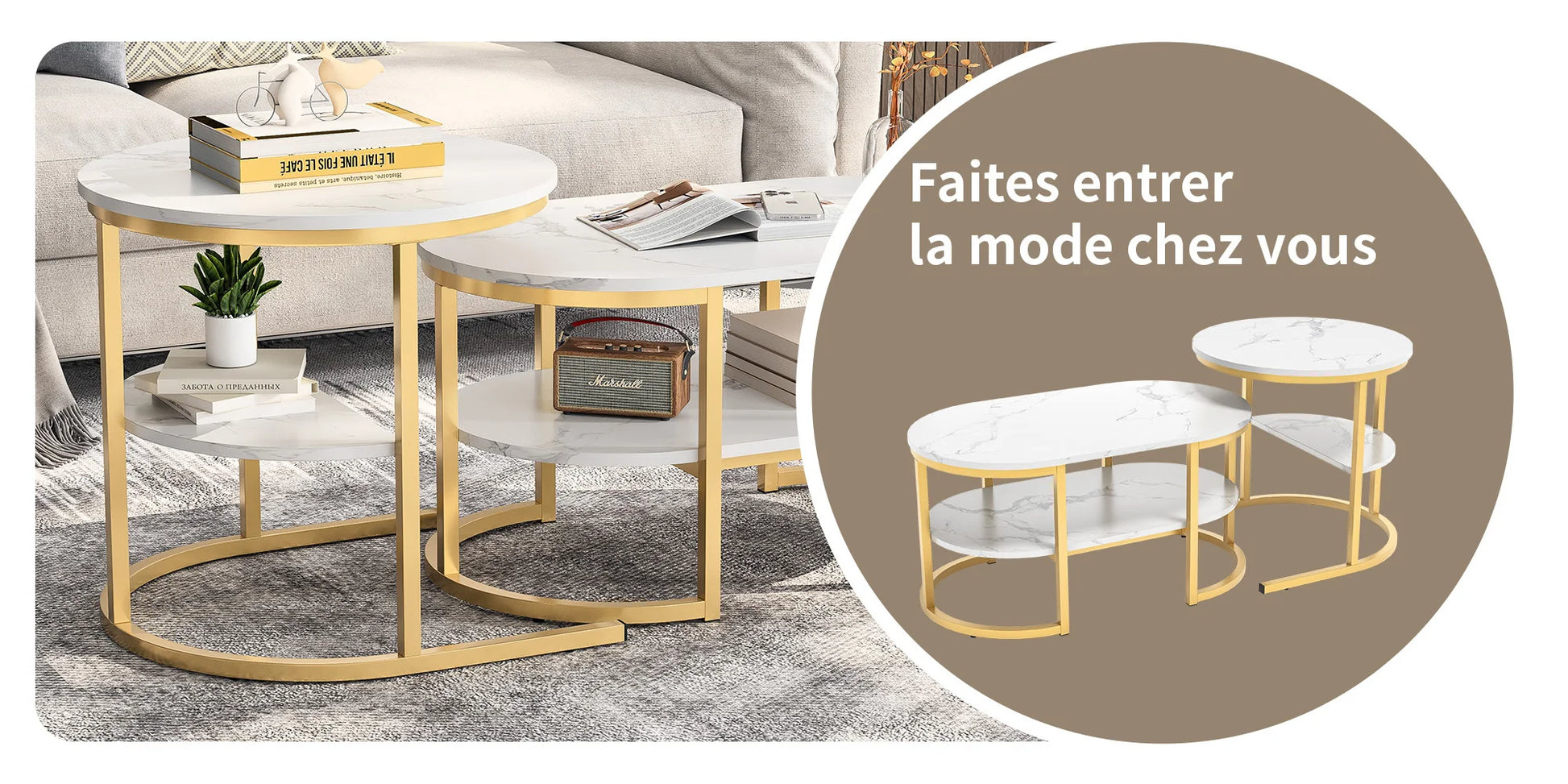 Table basse métal ronde avec effet marbre -