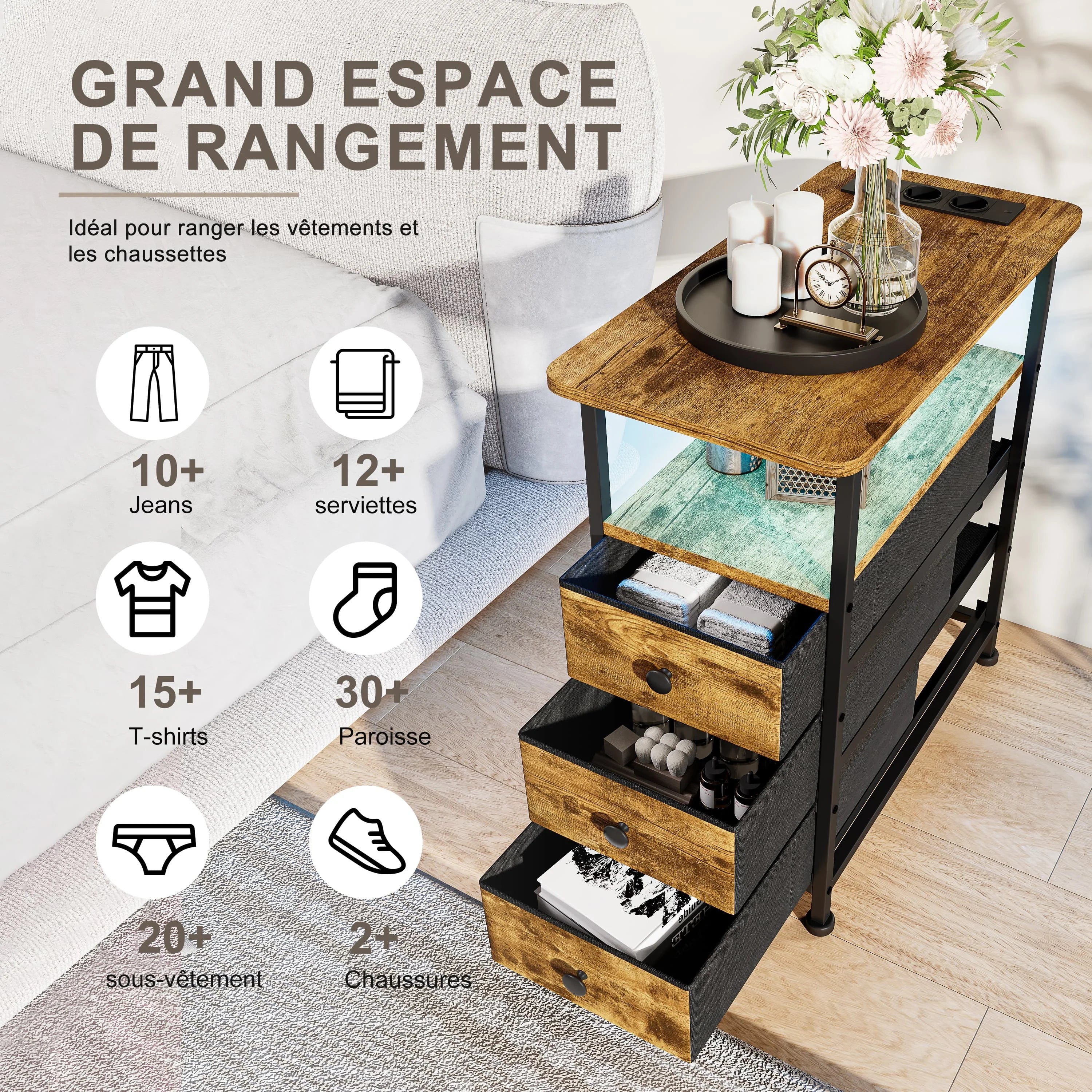 Table de chevet 3 tiroirs avec LED - MORENE -