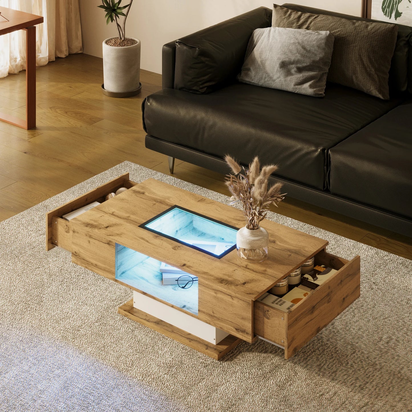 Table basse verre et bois avec LED -