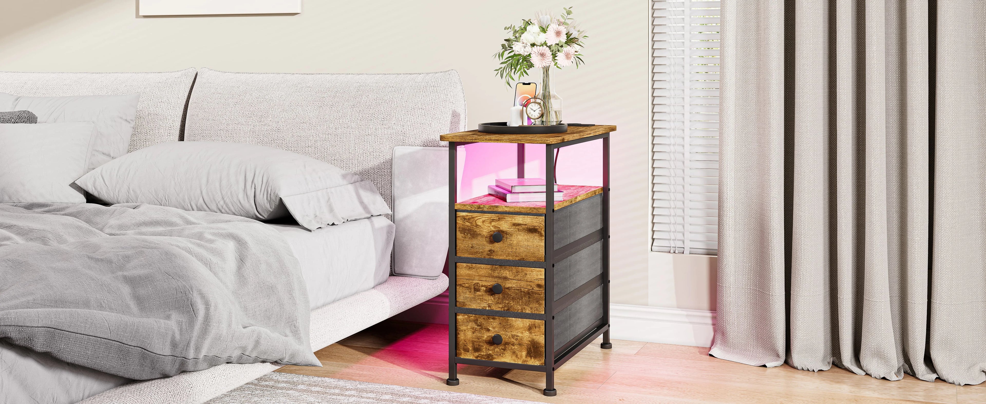 Table de chevet 3 tiroirs avec LED - MORENE -