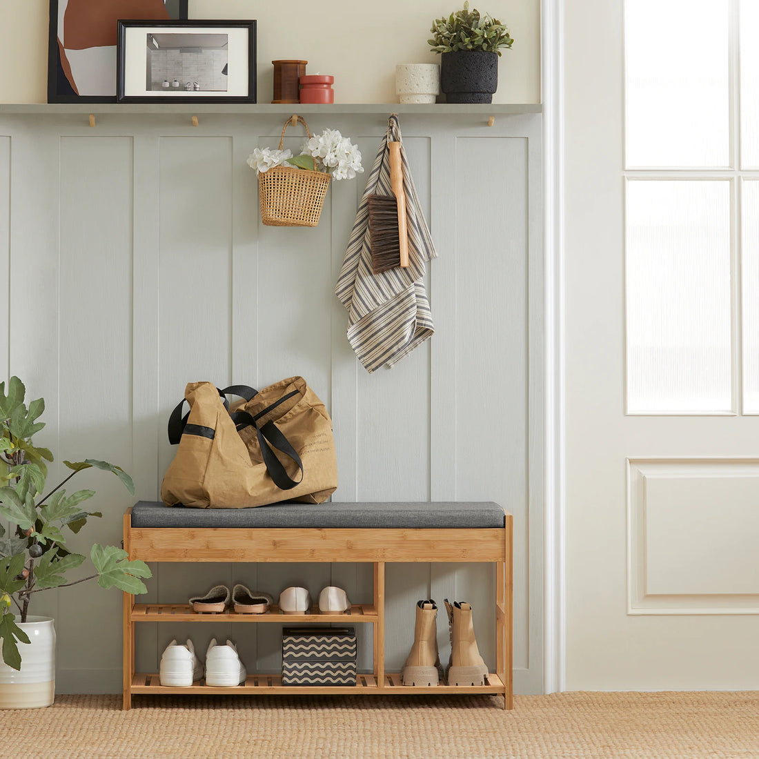 Meuble à chaussure avec assise en bois de bambou -