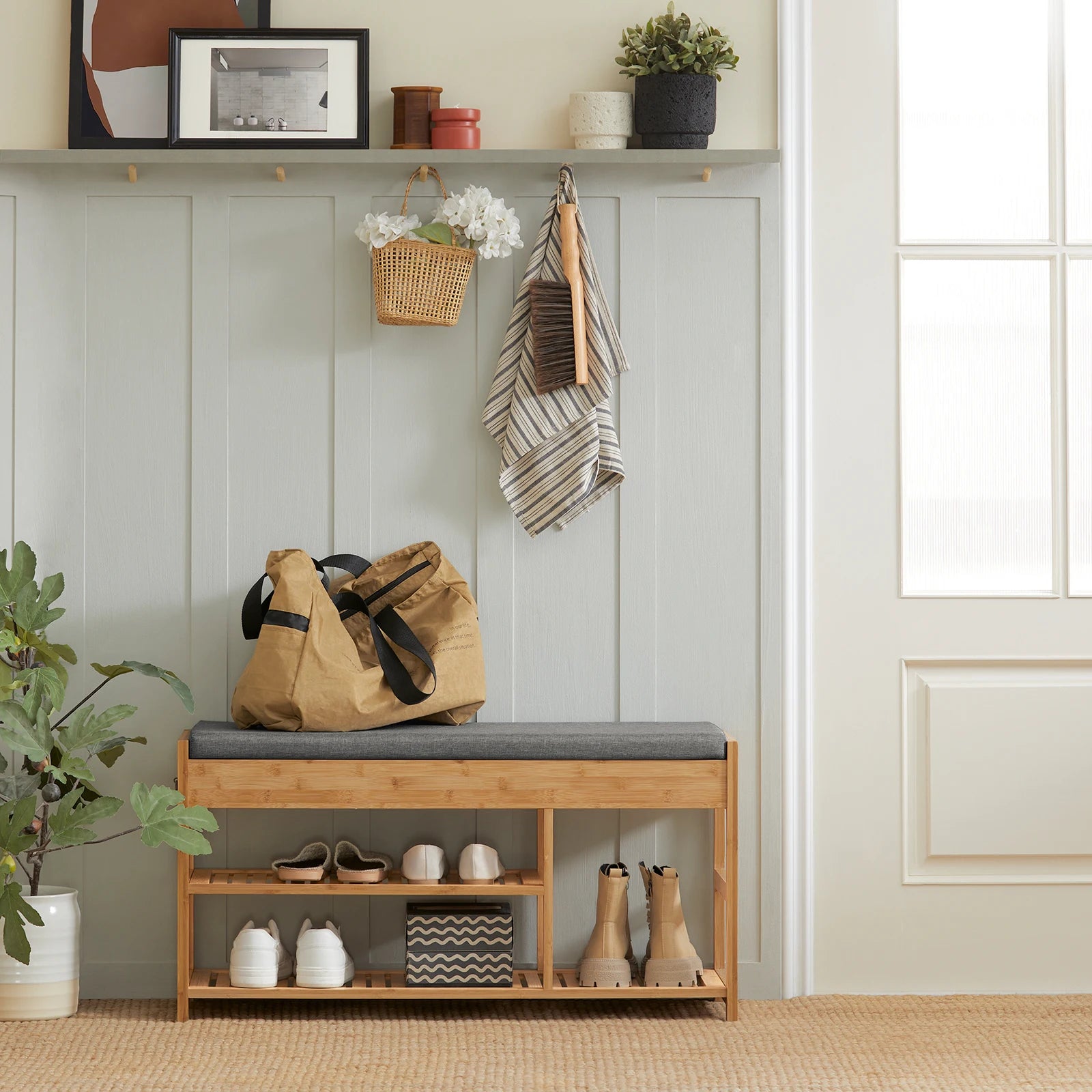 Meuble à chaussure avec assise en bois de bambou -
