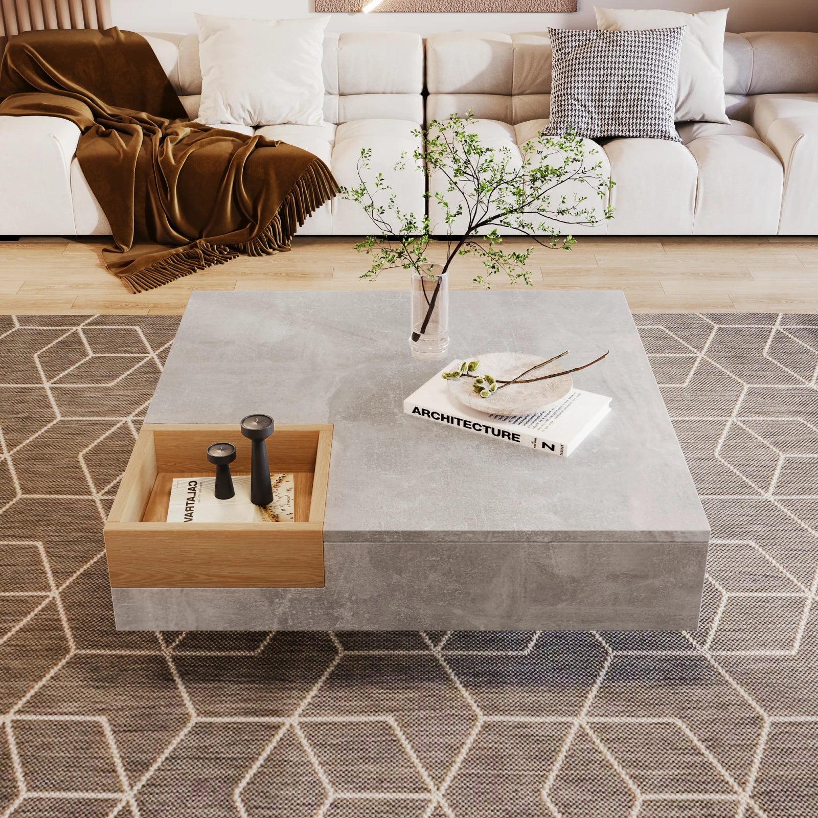 Table basse carrée avec rangement sur le coté 72x72x30cm -