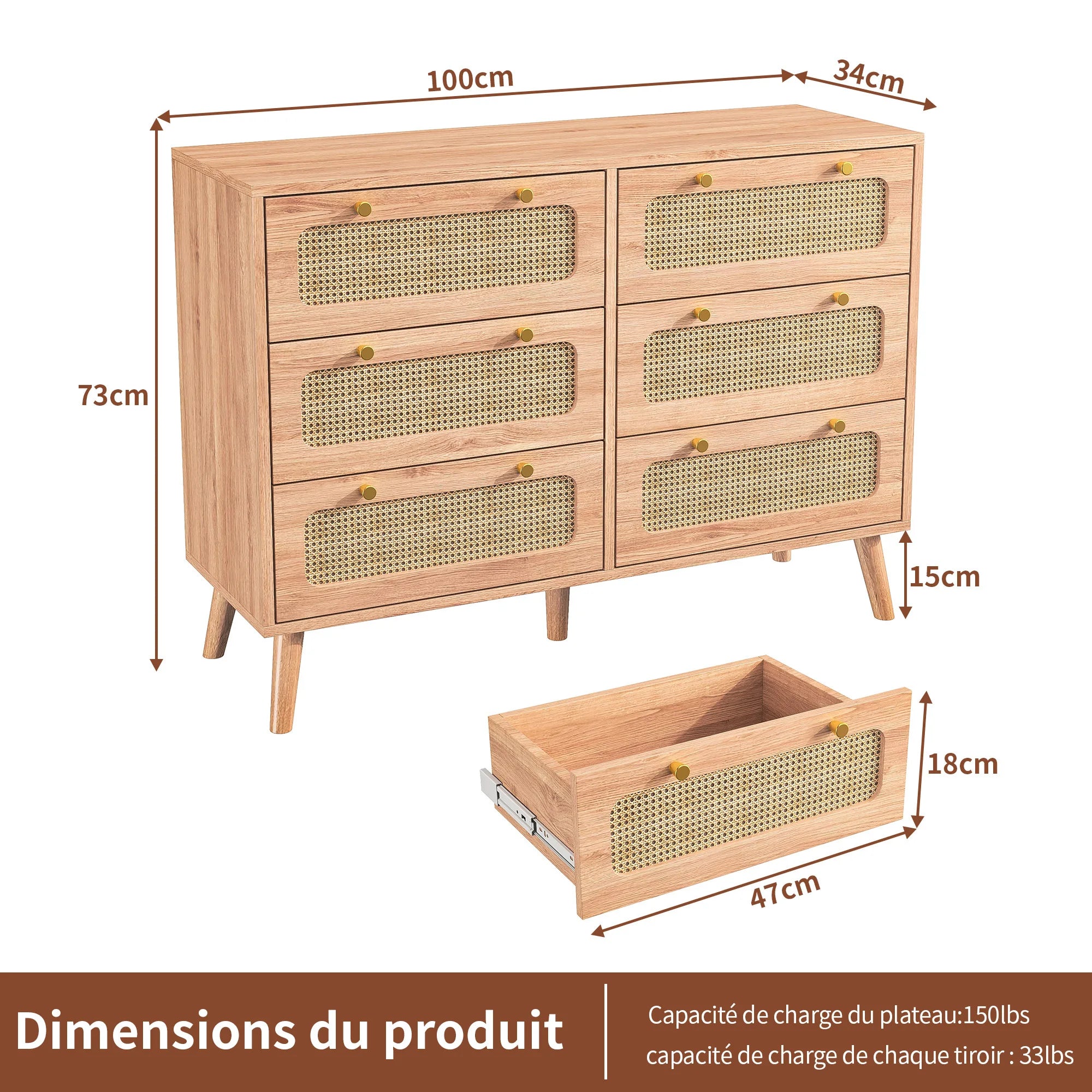 Petit meuble de rangement bois et tiroirs en rotin -