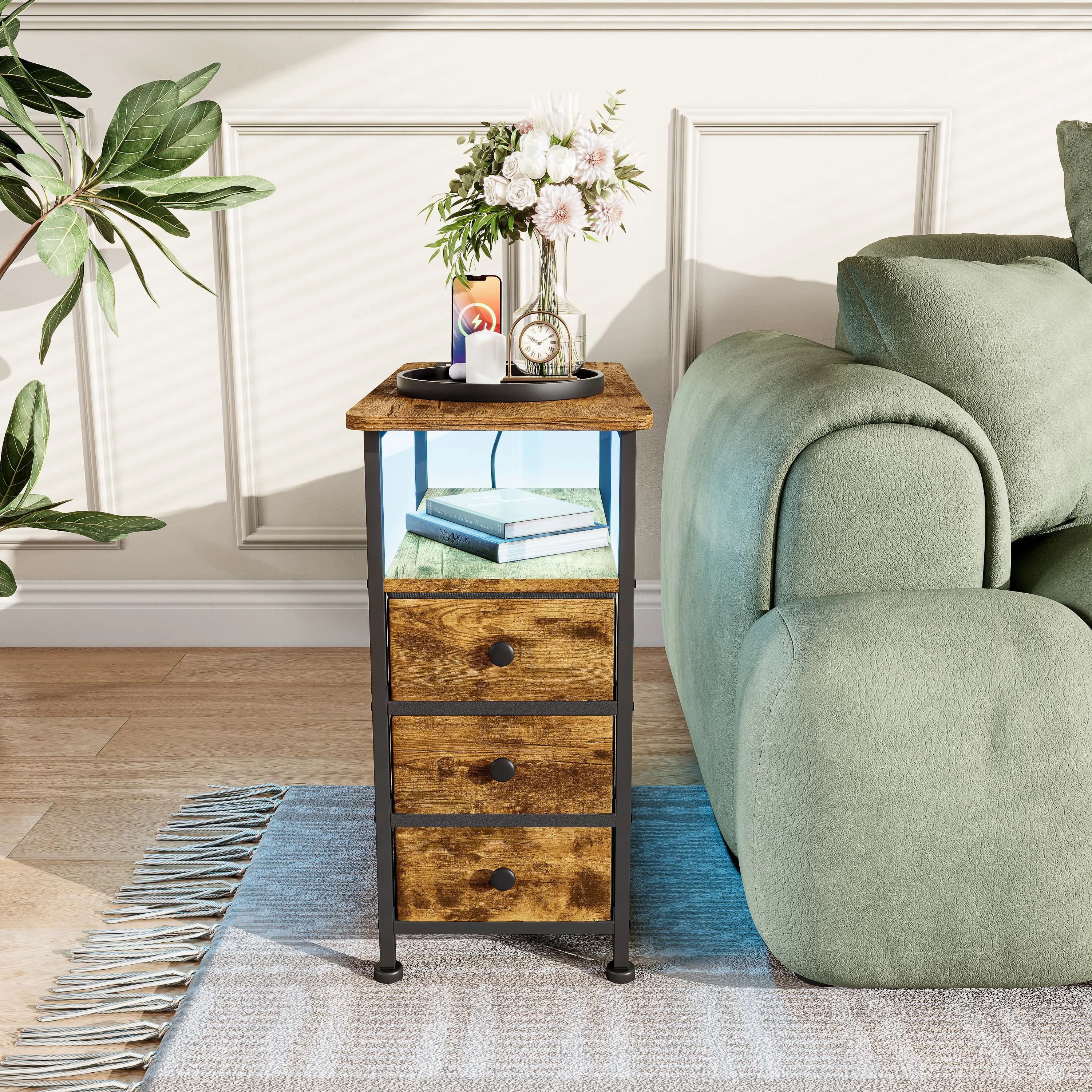 Table de chevet 3 tiroirs avec LED - MORENE -