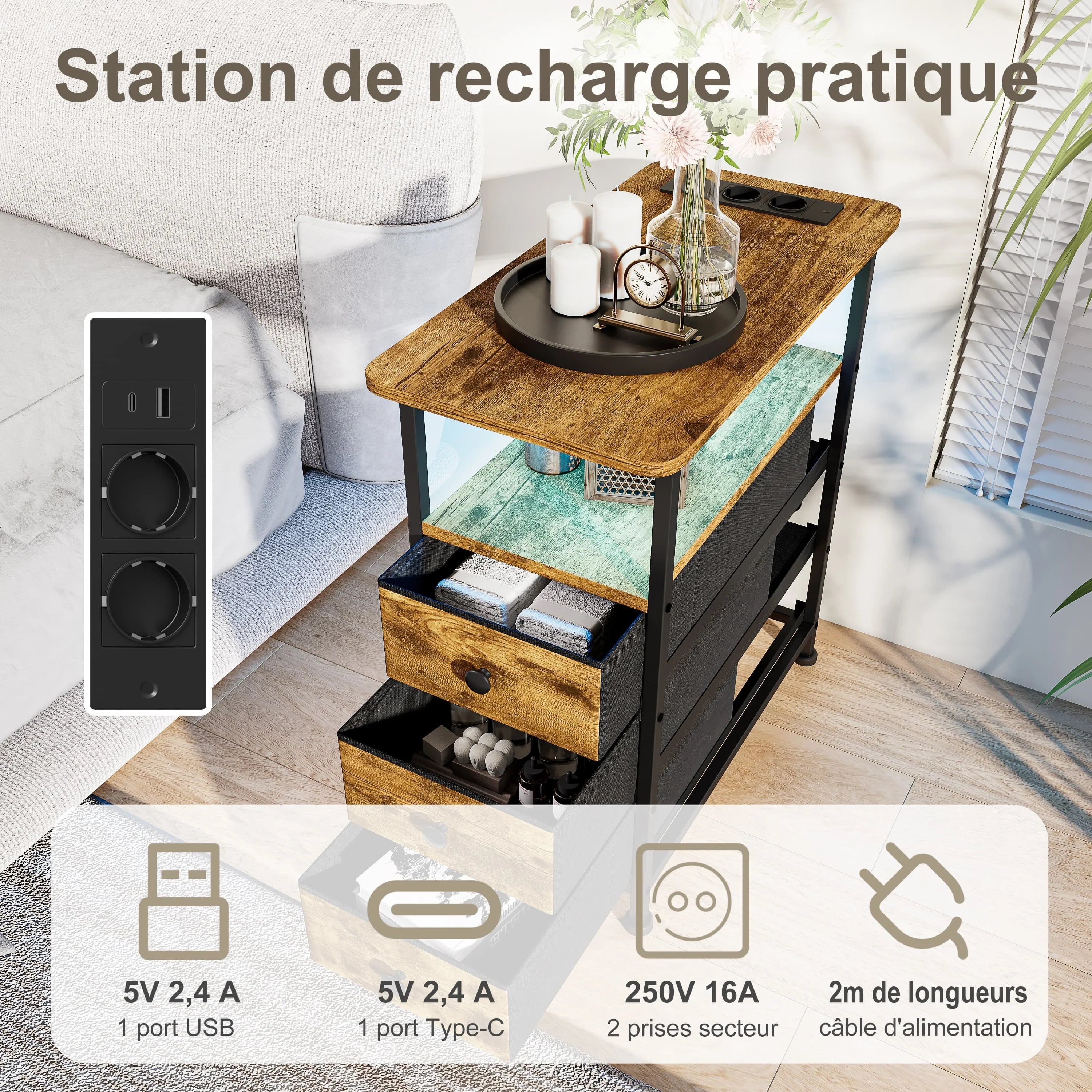 Table de chevet 3 tiroirs avec LED - MORENE -