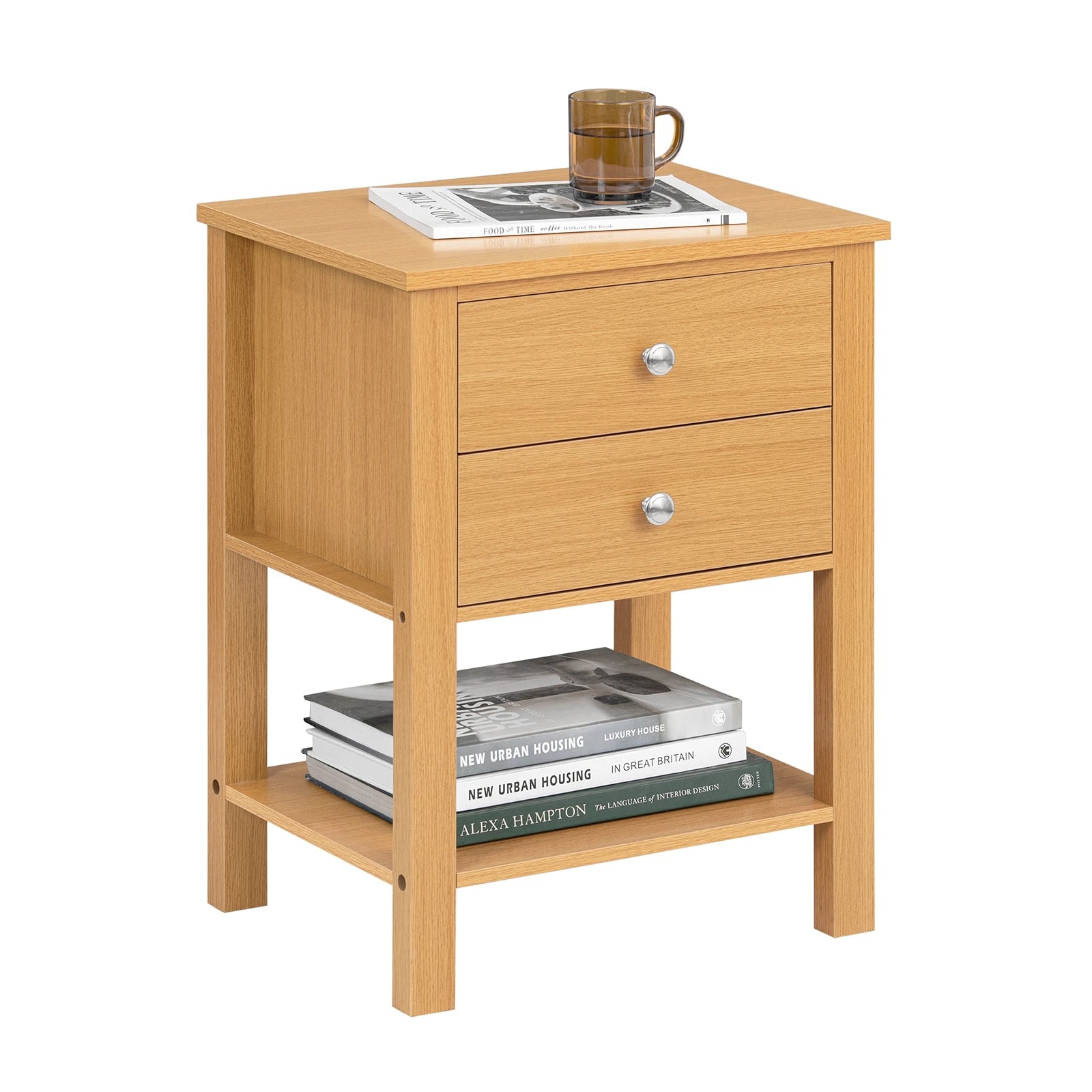 Table de nuit étagère en bois avec 2 tiroirs - 45 x 60 x 35cm -