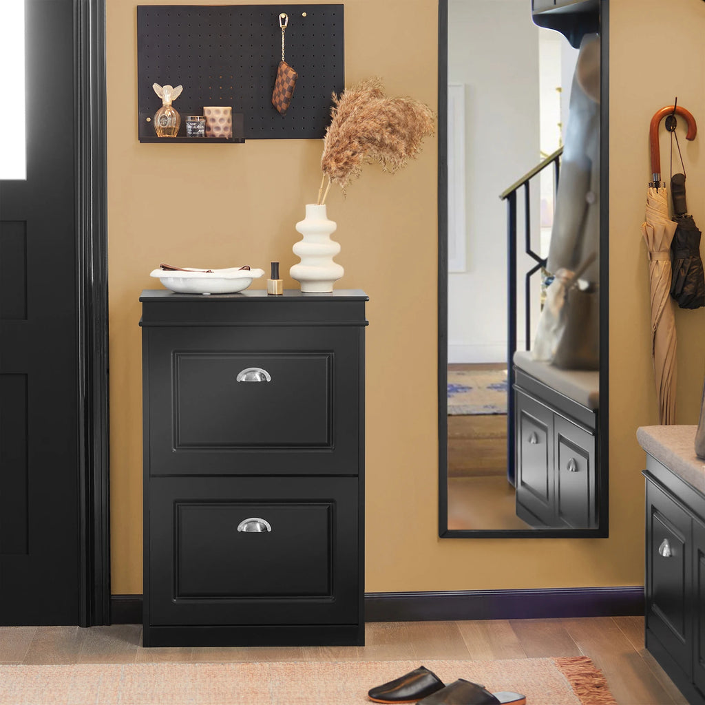 Meuble à chaussures 2 étages à rabats avec rangements - Noir Meuble à chaussure