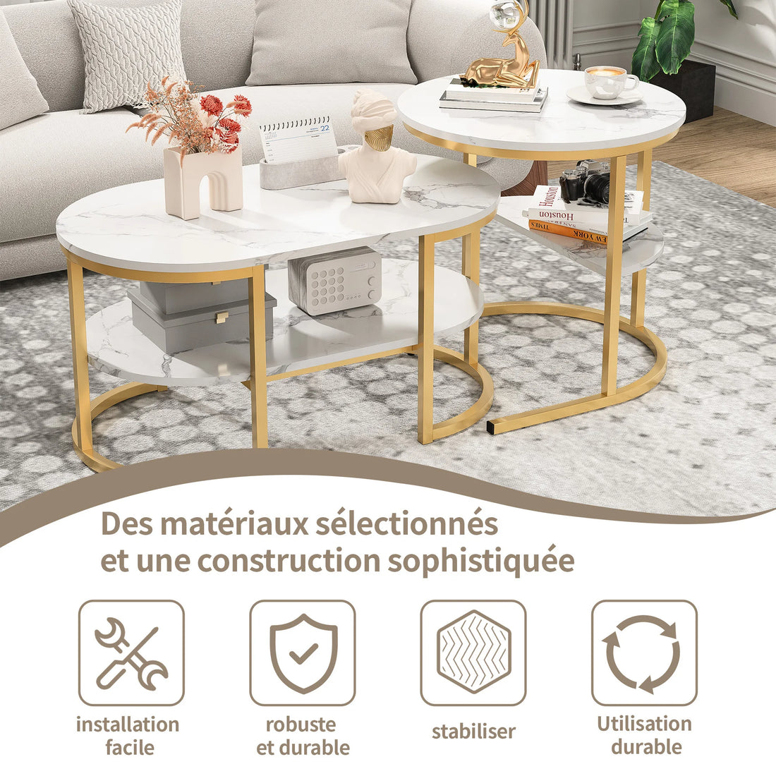 Table basse métal ronde avec effet marbre -