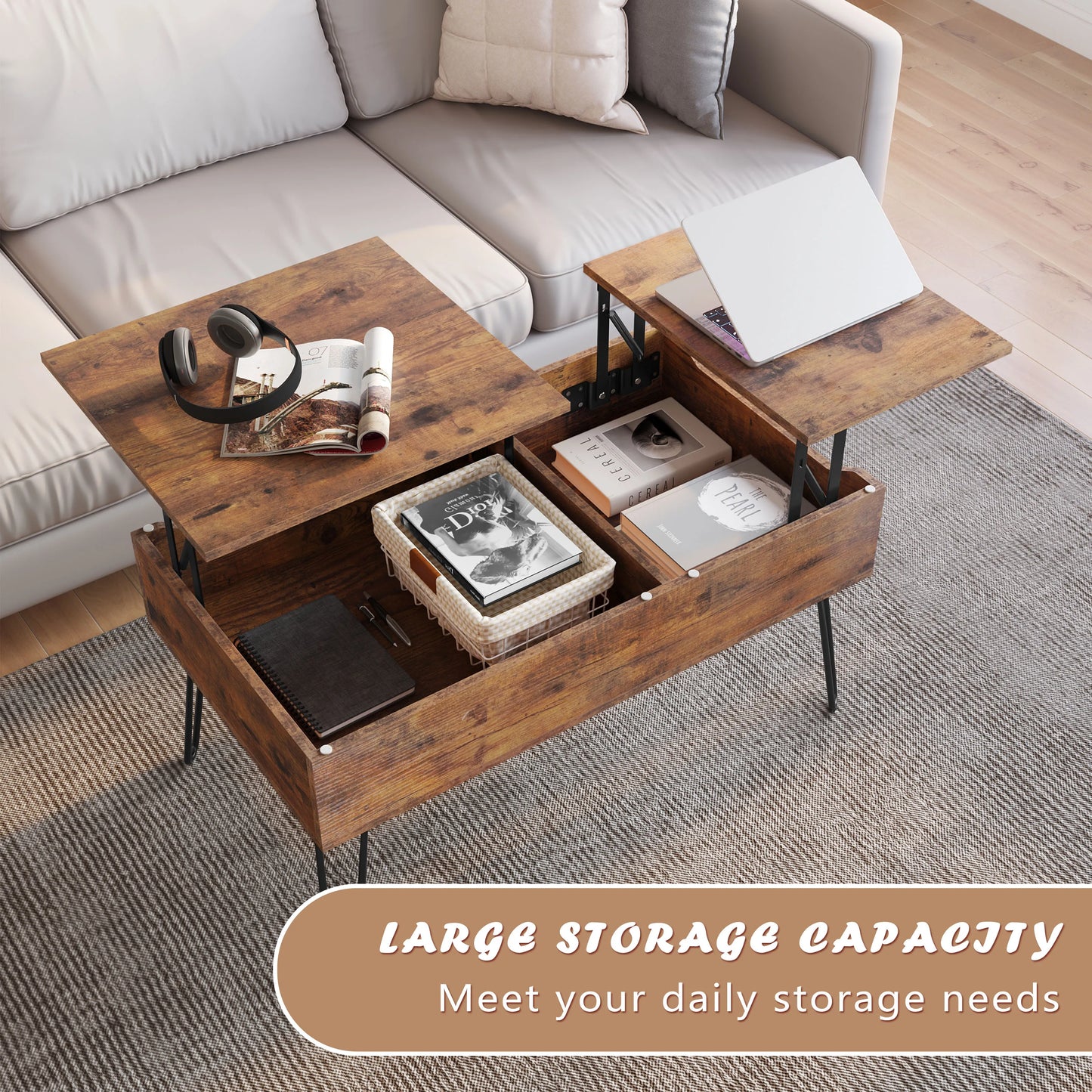 Table basse coulissante double plateau en bois -