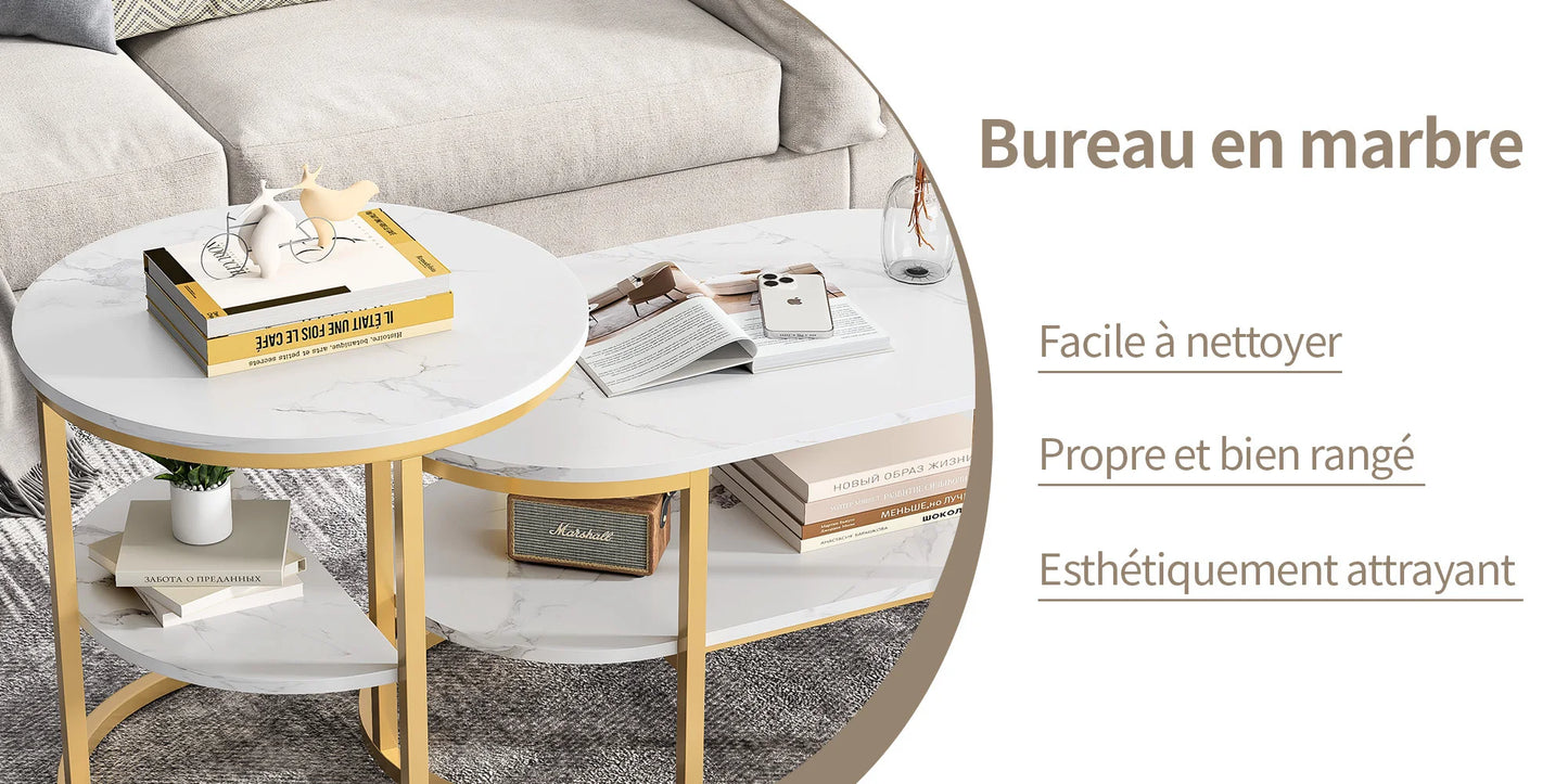 Table basse métal ronde avec effet marbre -