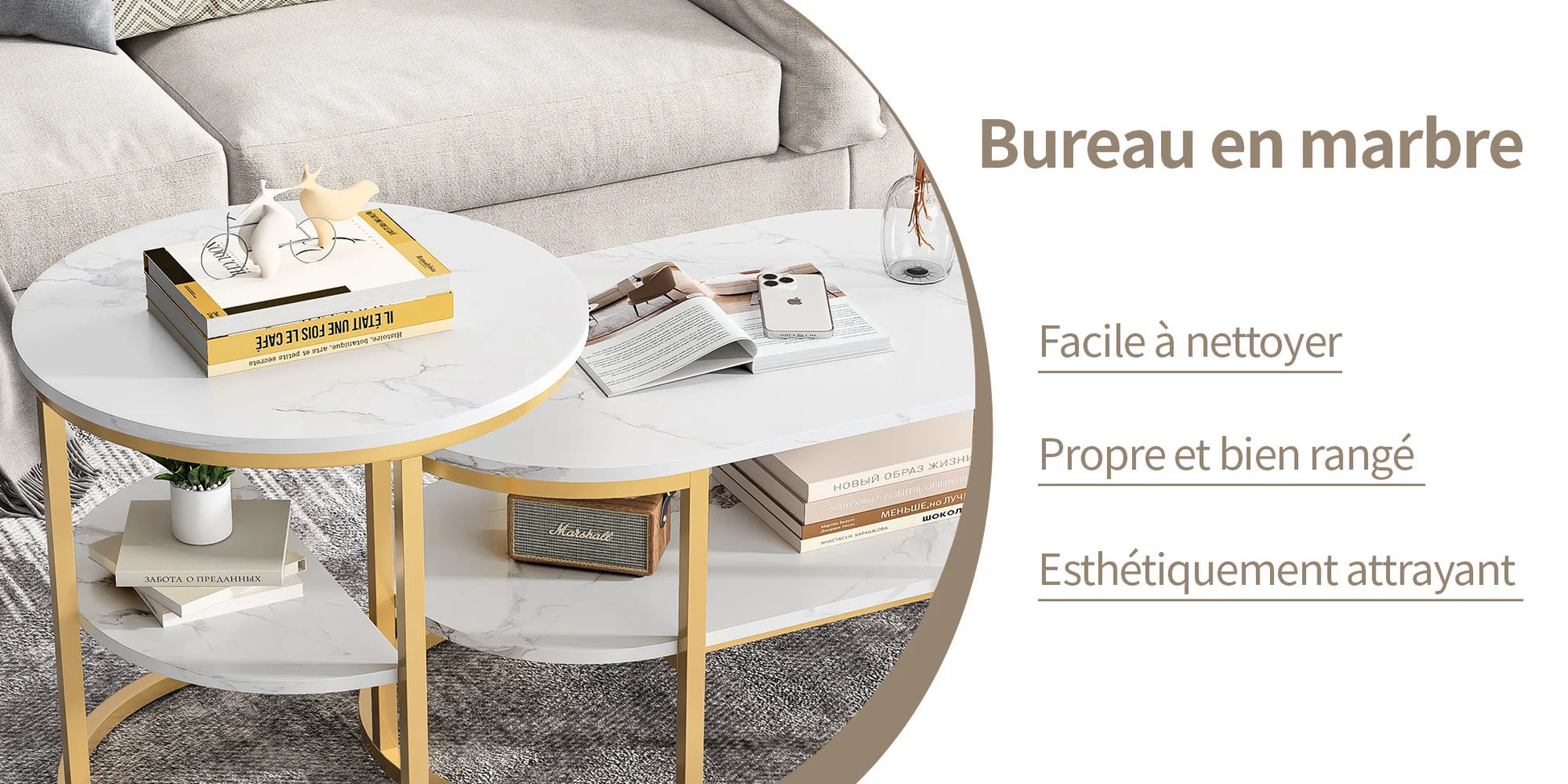 Table basse métal ronde avec effet marbre -