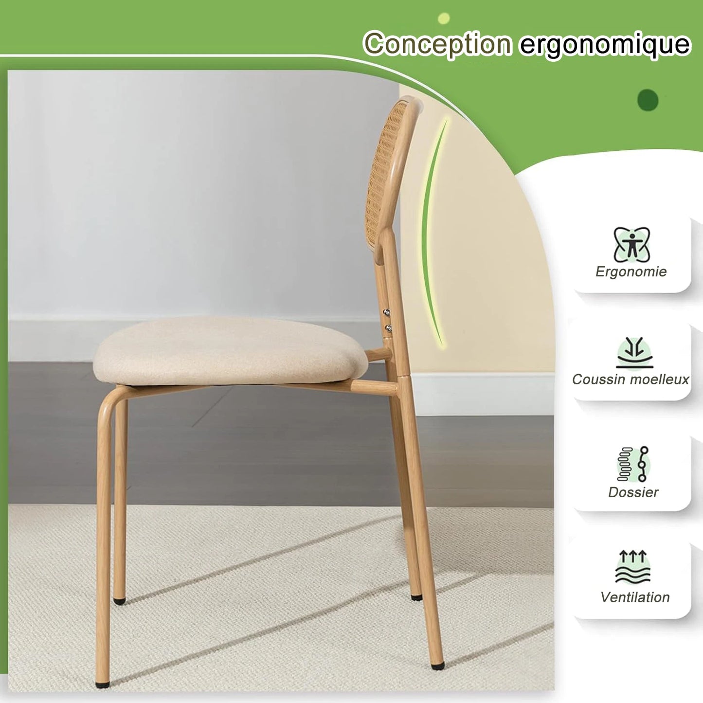 Chaise salle à manger rotin simple de 2 pièces -