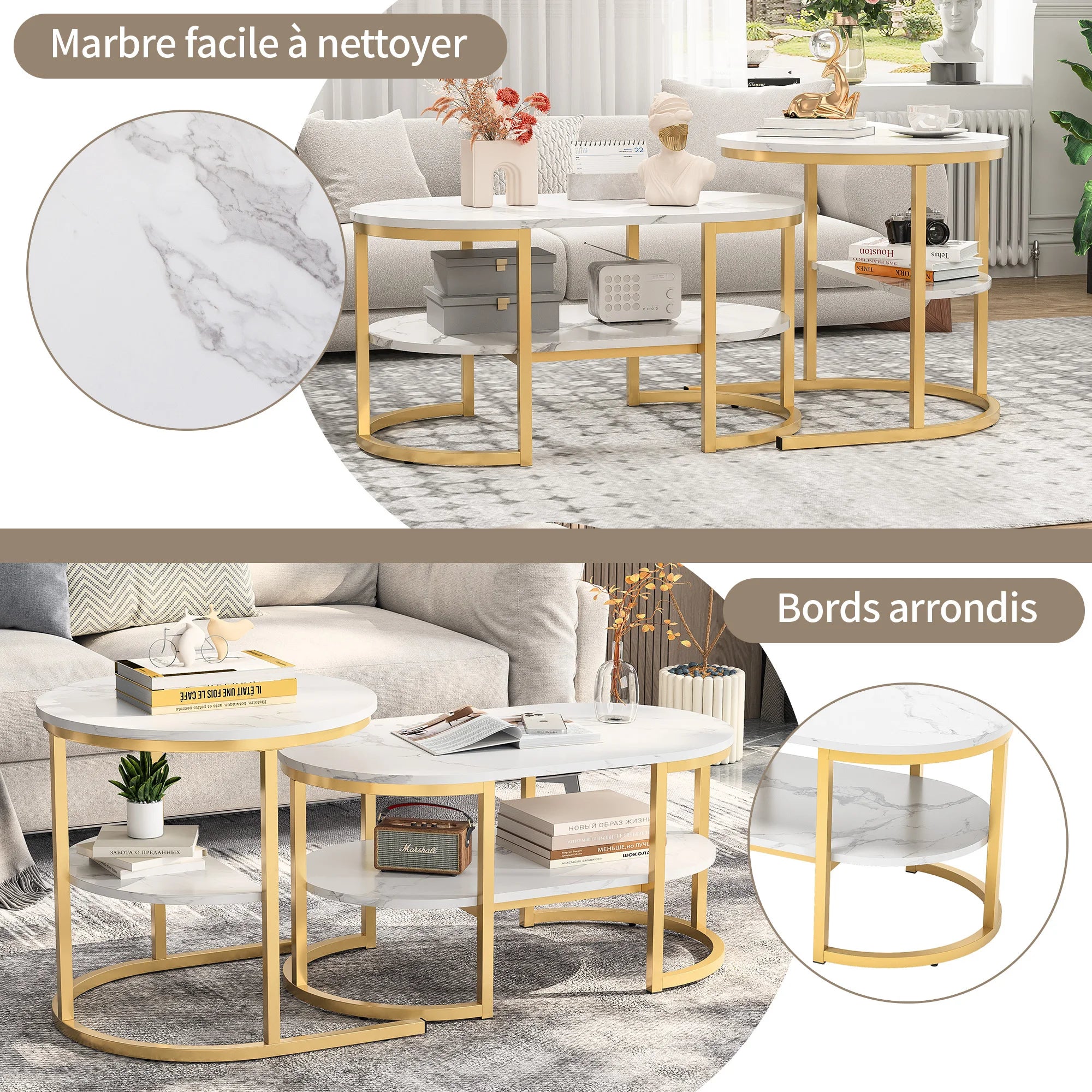 Table basse métal ronde avec effet marbre -